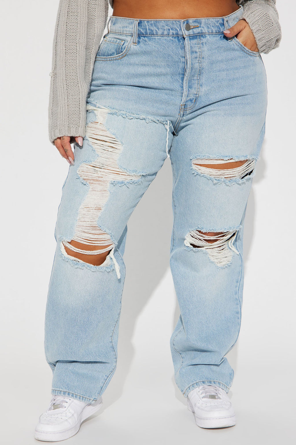 Seeking Thrills Shredded Straight Leg Jeans - Light Wash