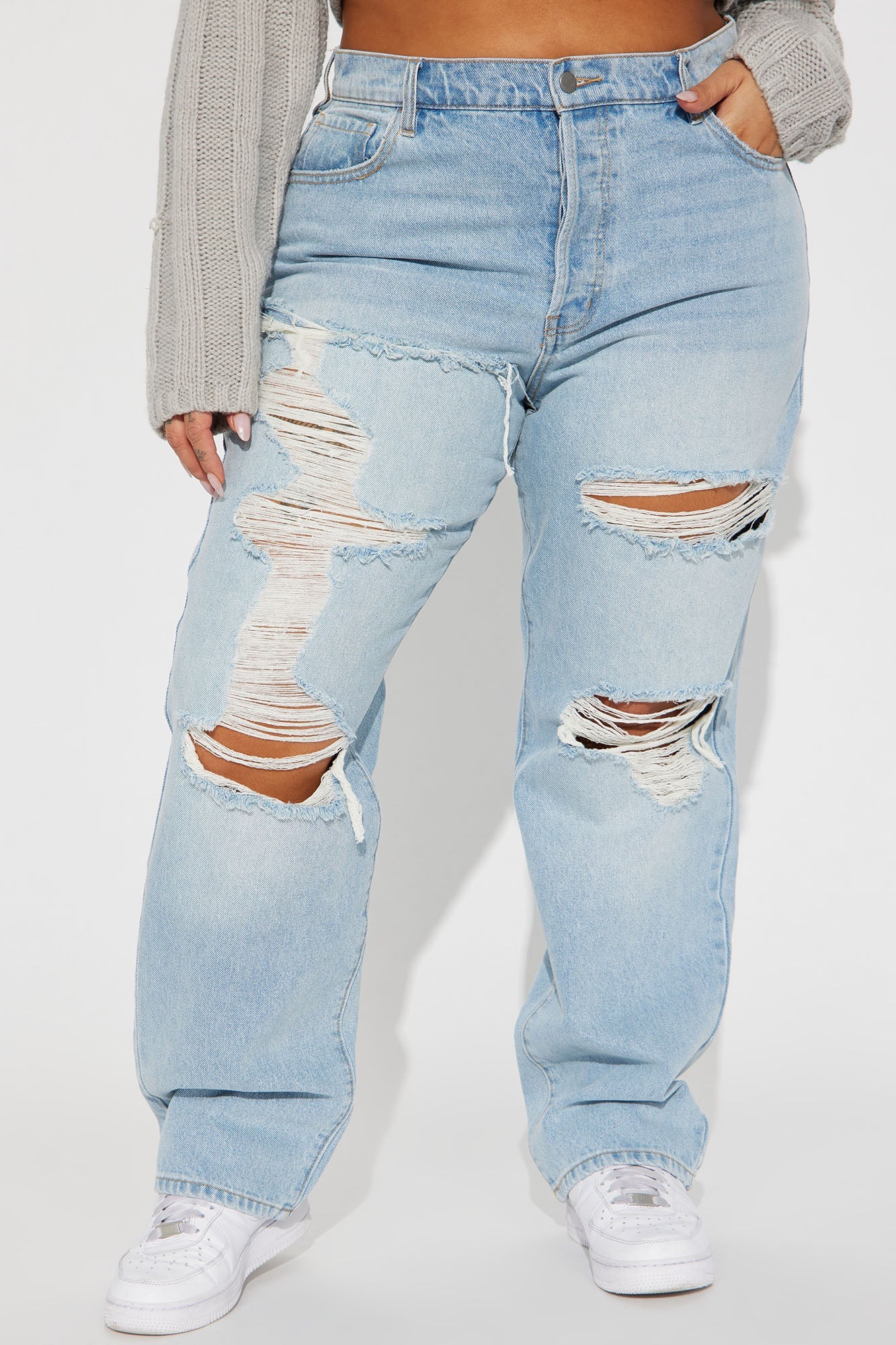 Seeking Thrills Shredded Straight Leg Jeans - Light Wash