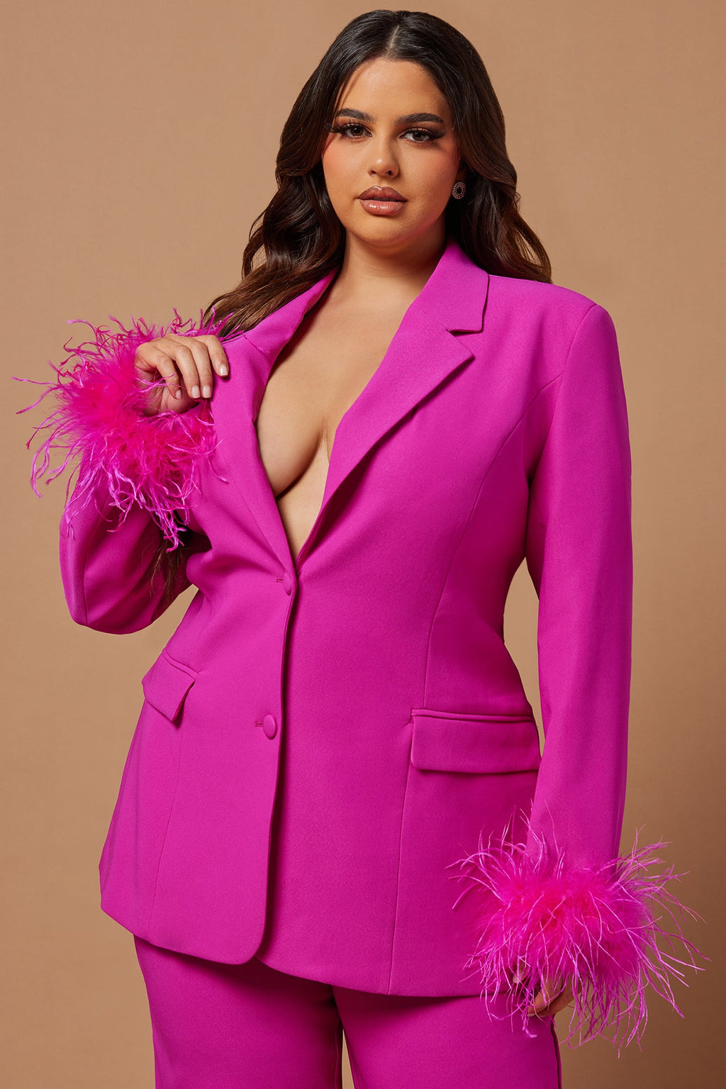 Clarissa Feather Blazer Suit Set - Hot Pink
