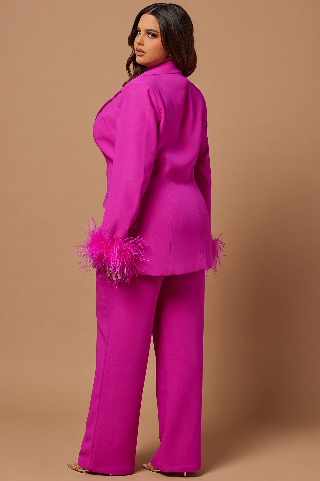 Clarissa Feather Blazer Suit Set - Hot Pink