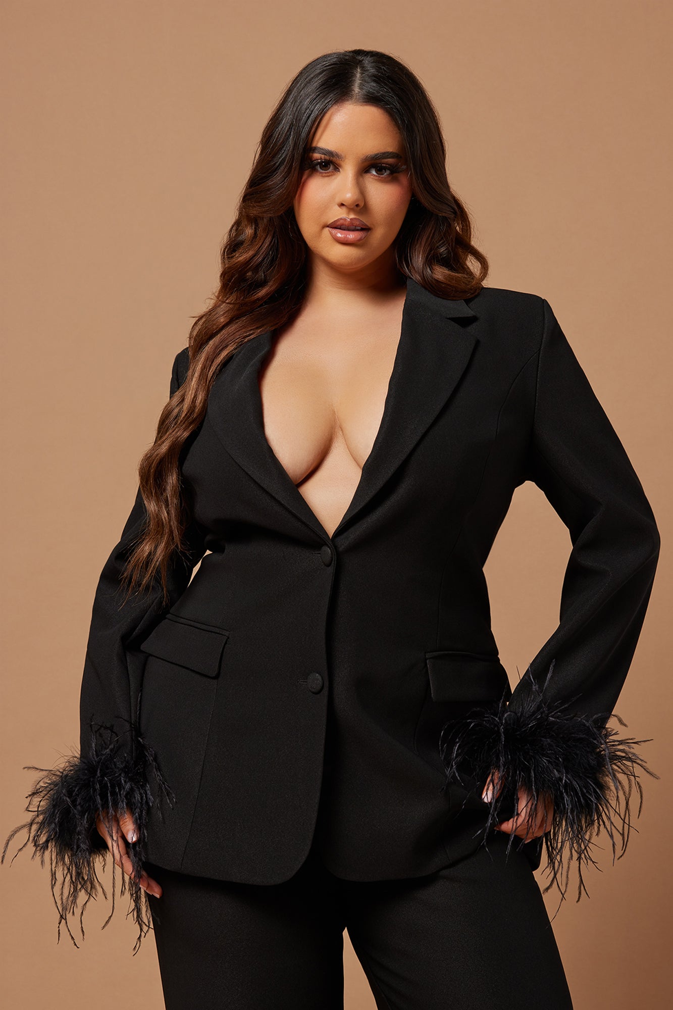 Clarissa Feather Blazer Suit Set - Black