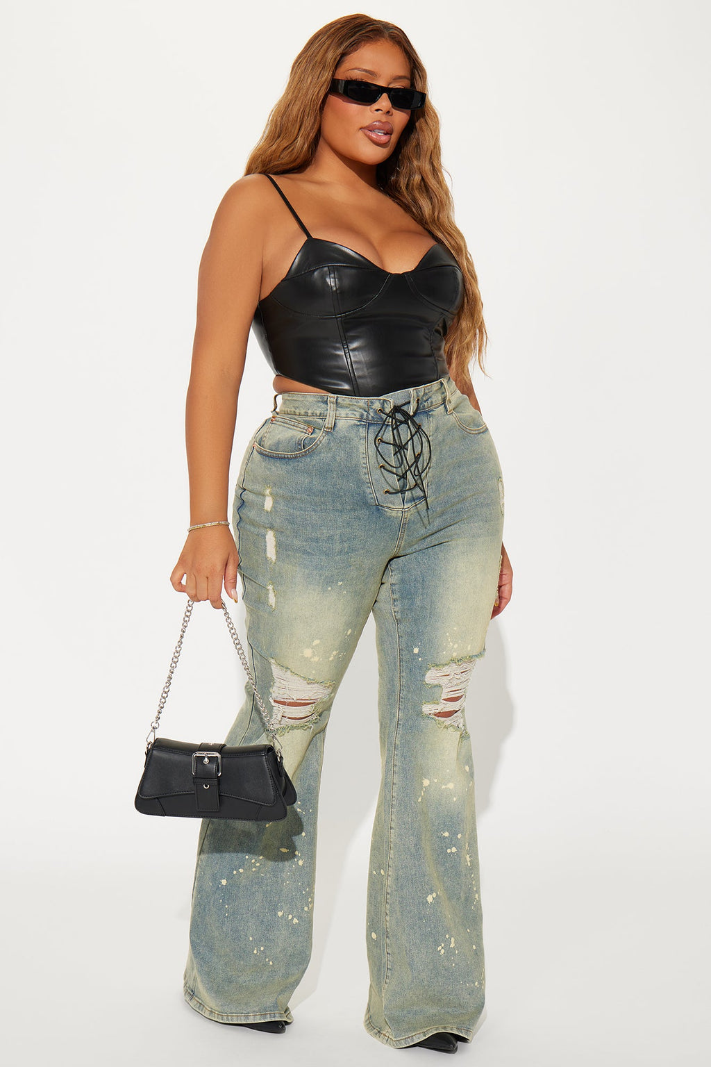 What Im About Stretch Lace Up Tinted Flare Jeans - Vintage Wash