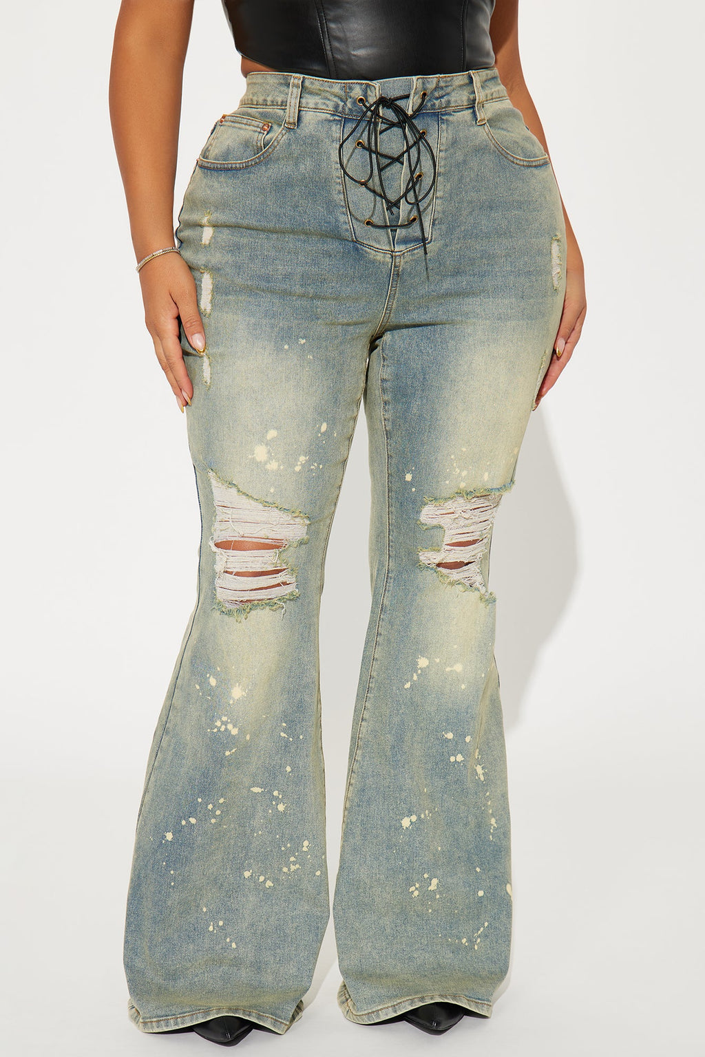 What Im About Stretch Lace Up Tinted Flare Jeans - Vintage Wash