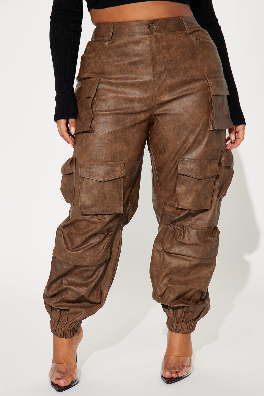 Weekend Warrior Washed Faux Leather Cargo Jogger - Brown