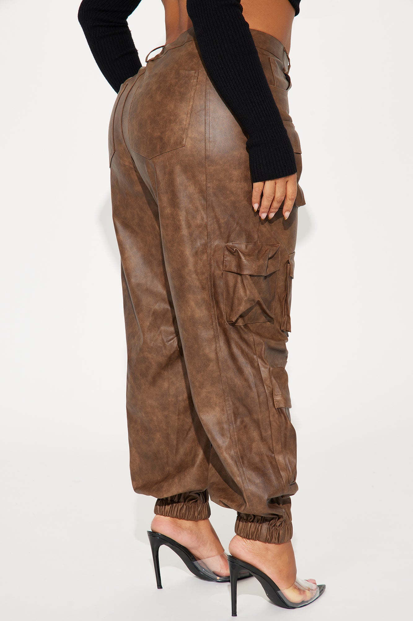 Weekend Warrior Washed Faux Leather Cargo Jogger - Brown