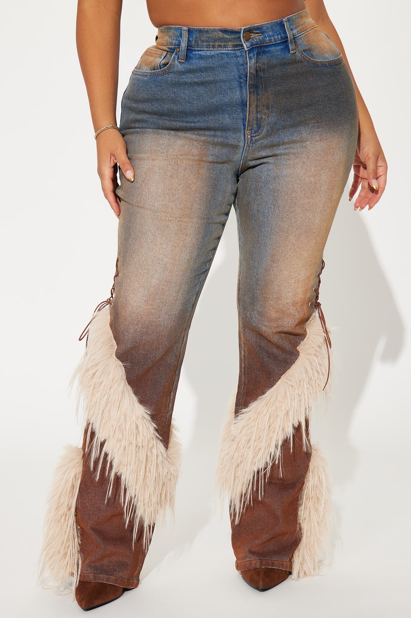 Current Mood Lace Up Faux Fur Bootcut Jeans - Medium Wash