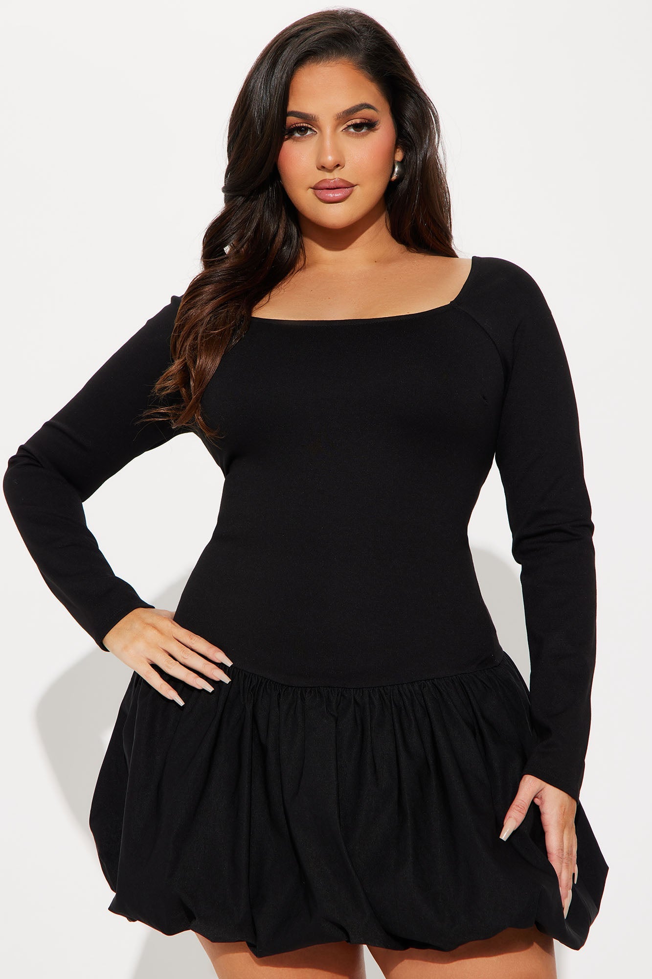 Sweet Girl Long Sleeve Bubble Mini Dress - Black