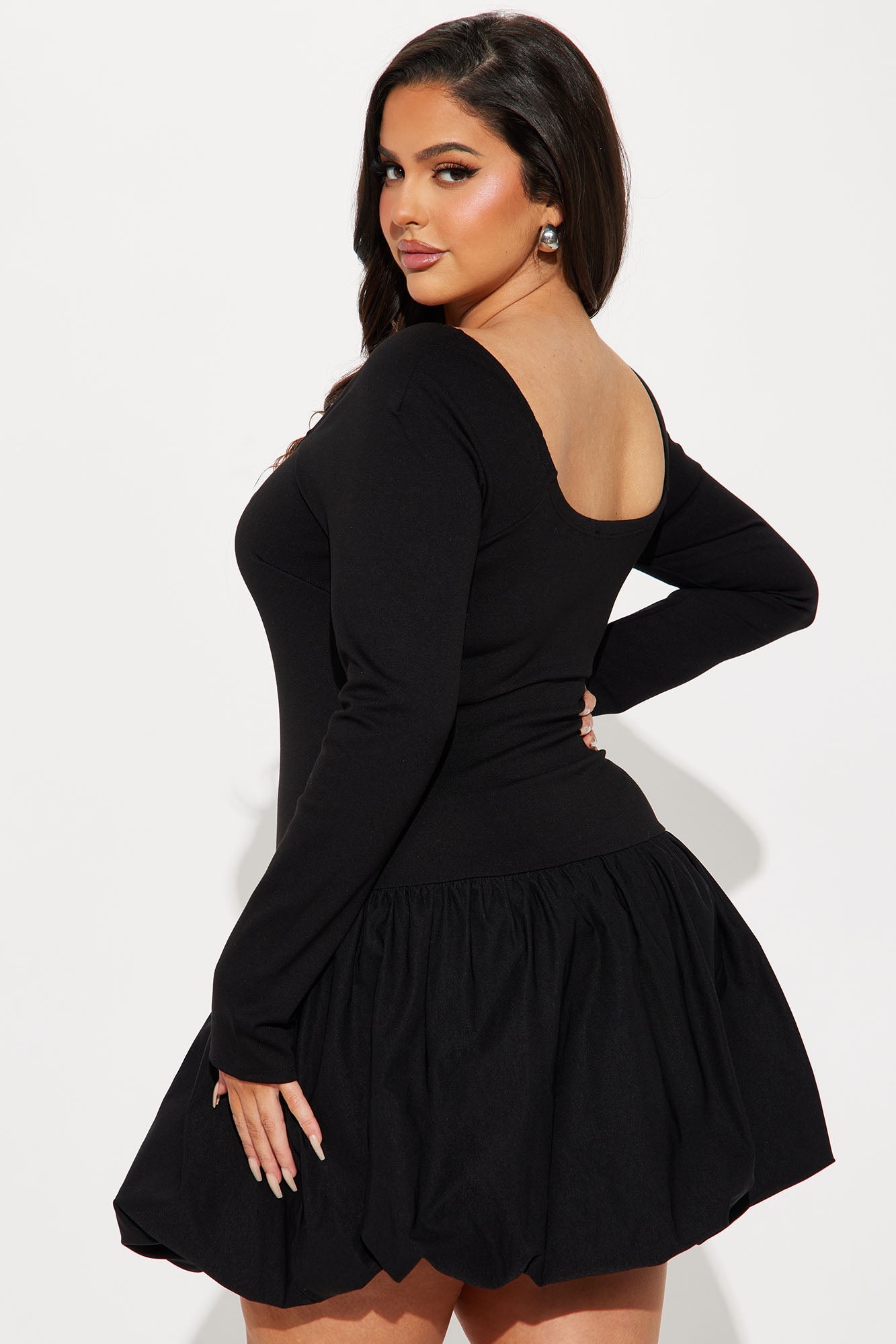 Sweet Girl Long Sleeve Bubble Mini Dress - Black