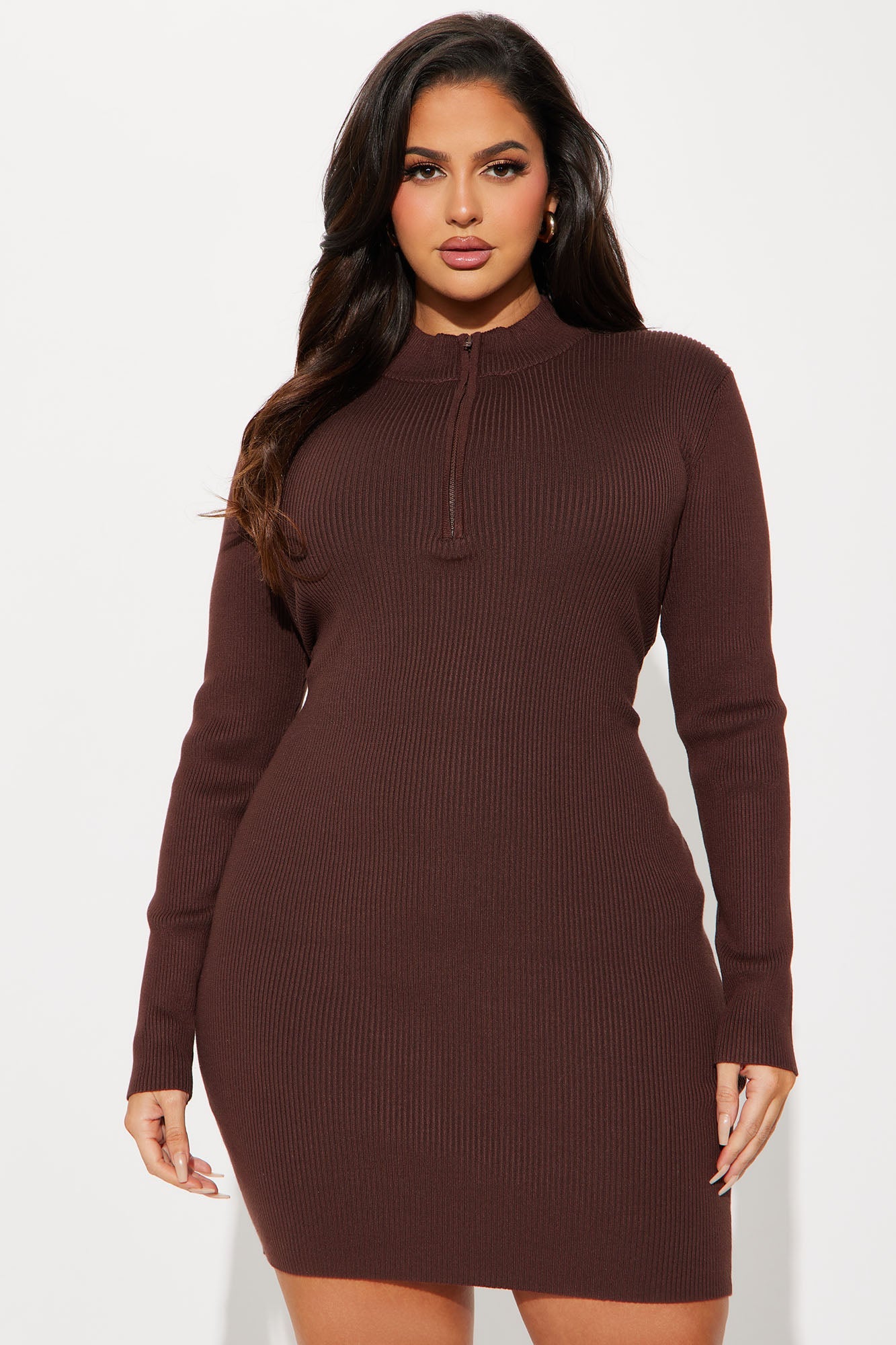 Kyana Zip Sweater Mini Dress - Chocolate
