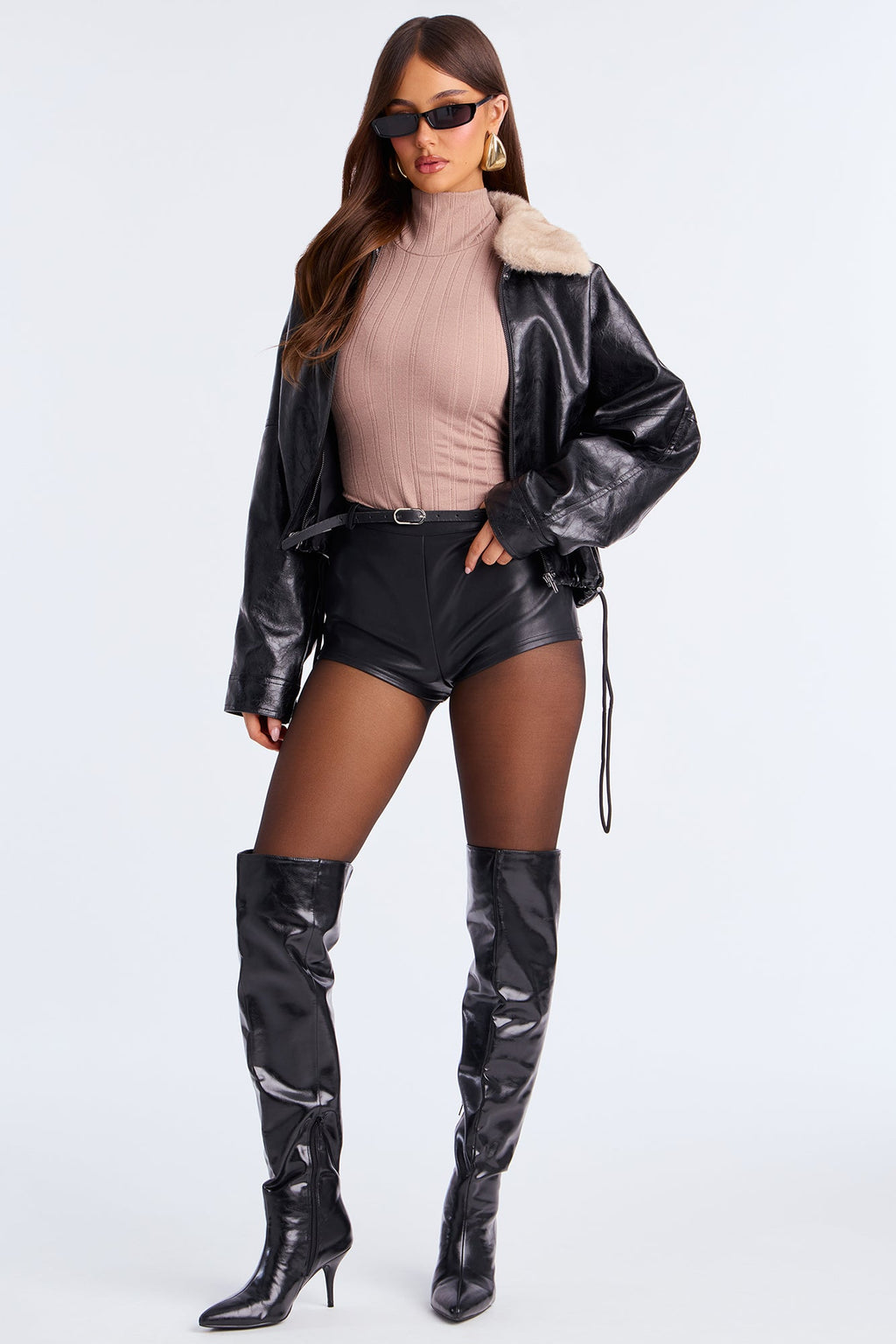 City Nights Faux Leather Bomber Jacket - Black/combo