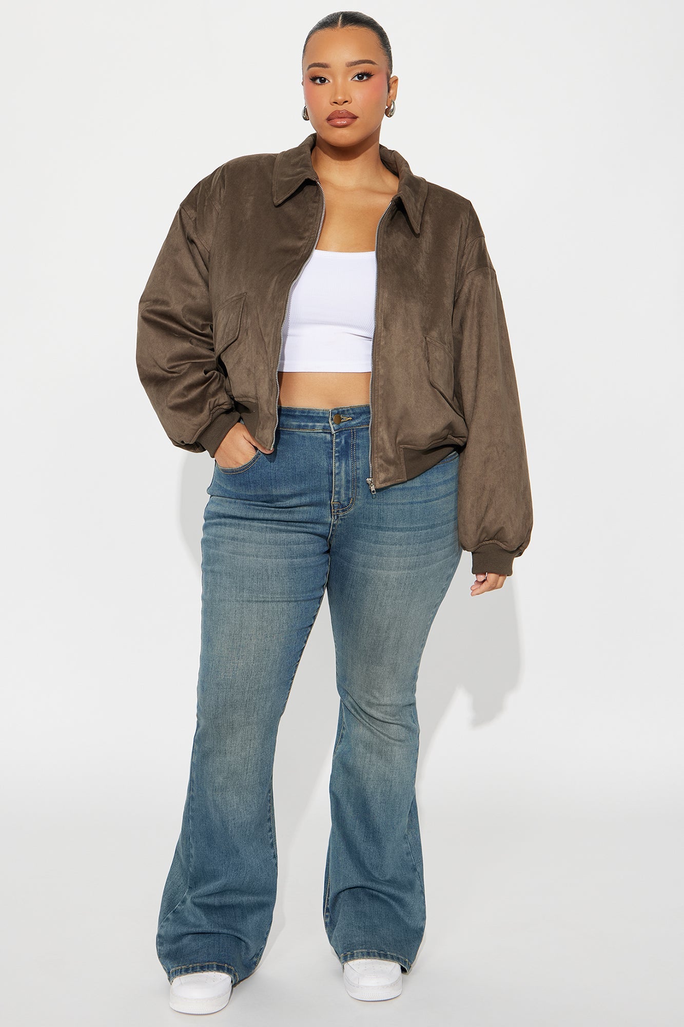 Jessica Cropped Faux Suede Bomber Jacket - Olive