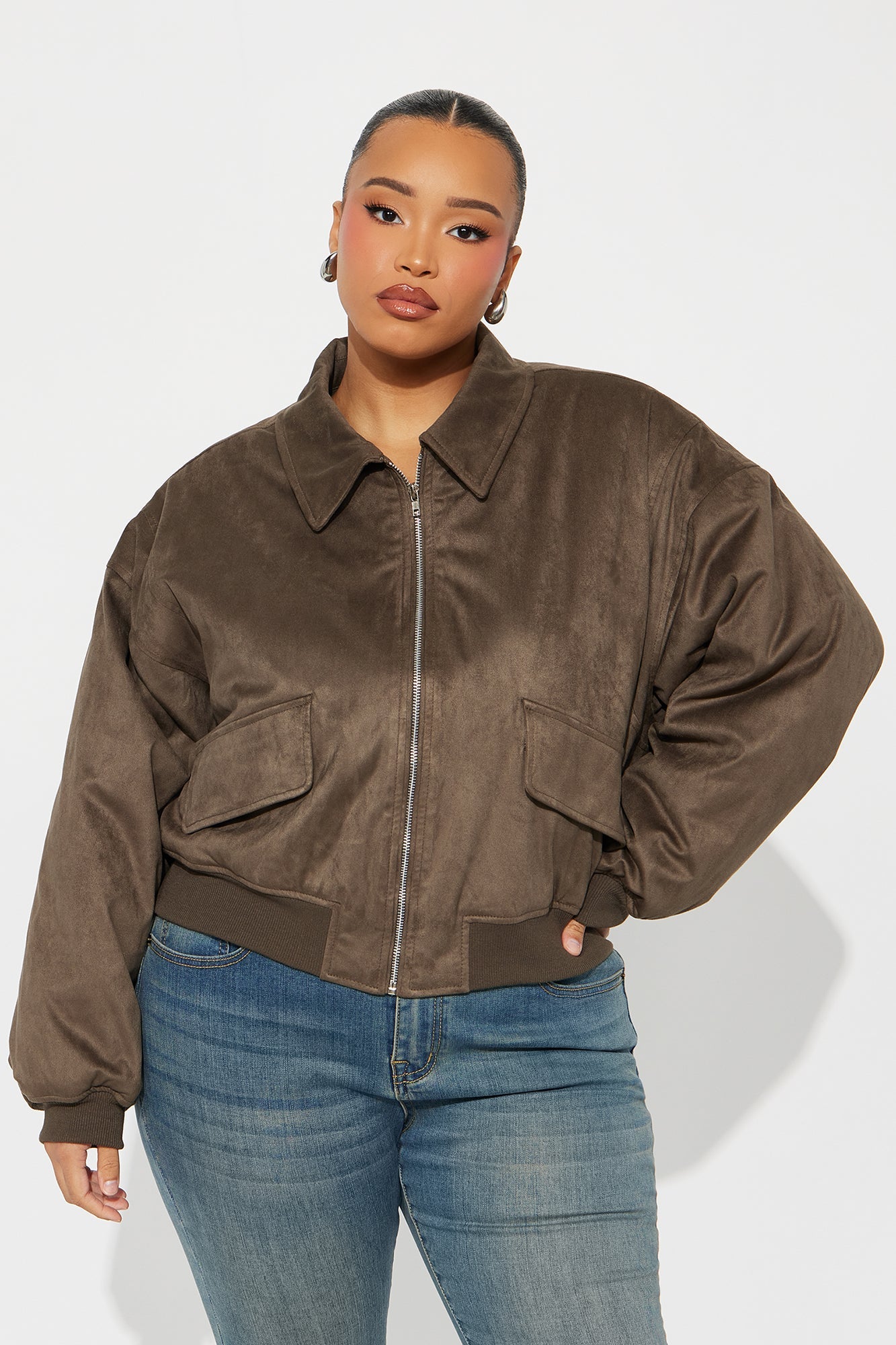 Jessica Cropped Faux Suede Bomber Jacket - Olive