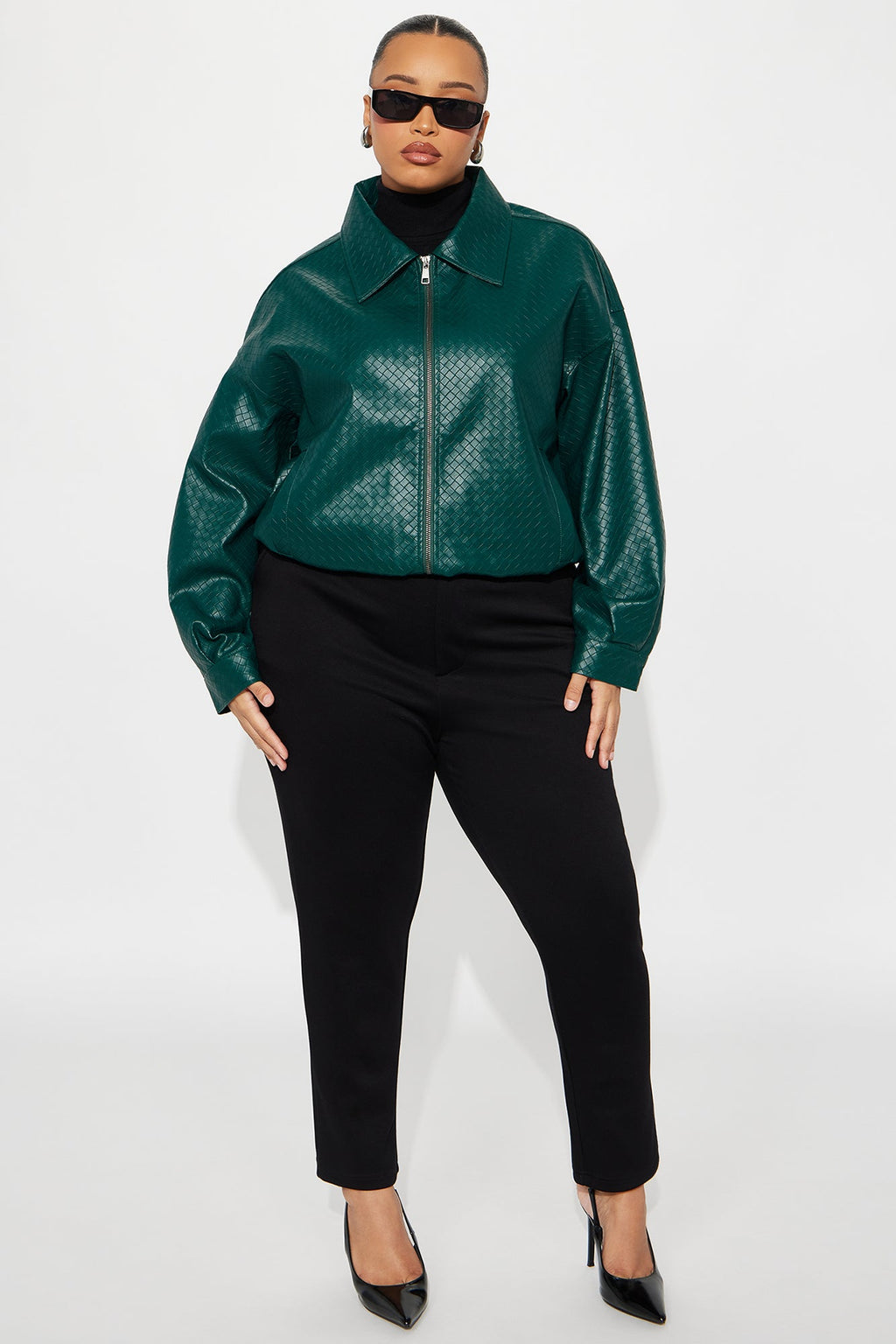 Lea Woven Faux Leather Bomber Jacket - Hunter