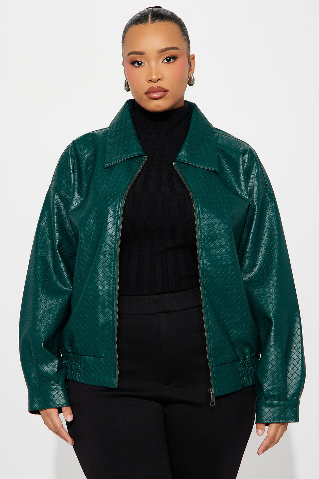 Lea Woven Faux Leather Bomber Jacket - Hunter