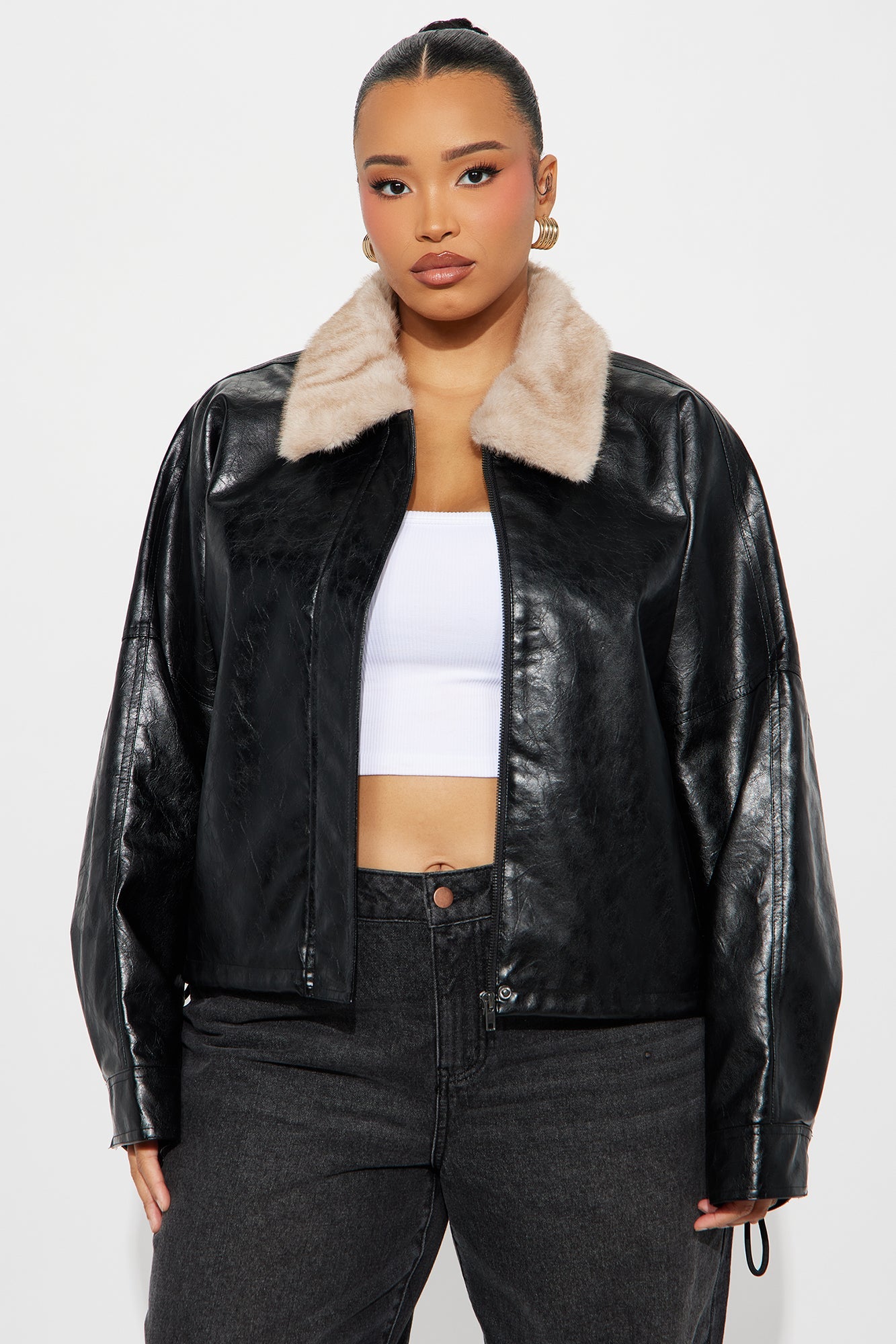 City Nights Faux Leather Bomber Jacket - Black/combo