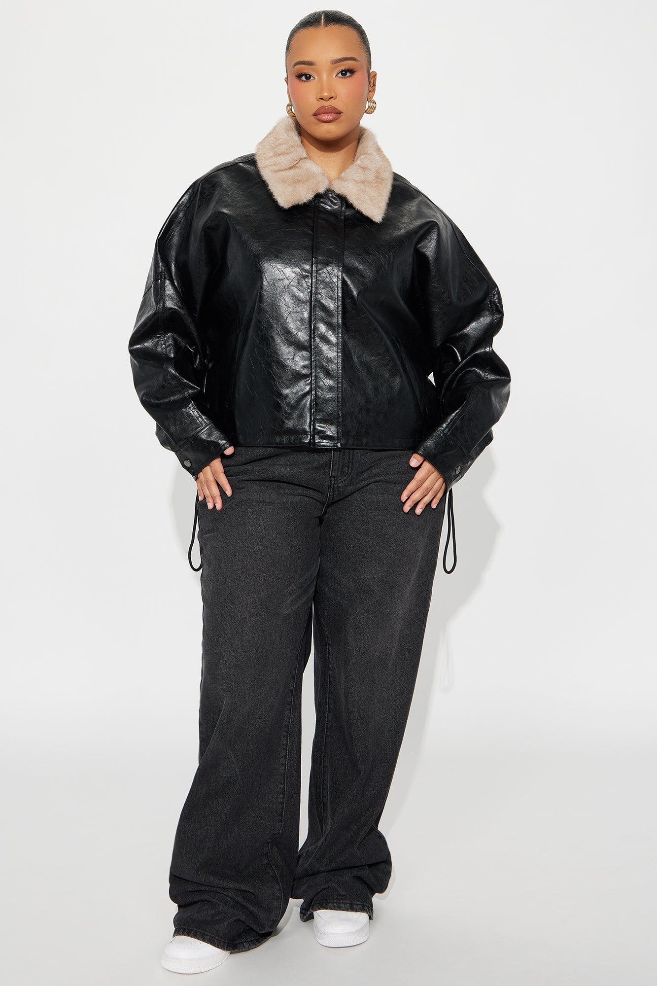 City Nights Faux Leather Bomber Jacket - Black/combo