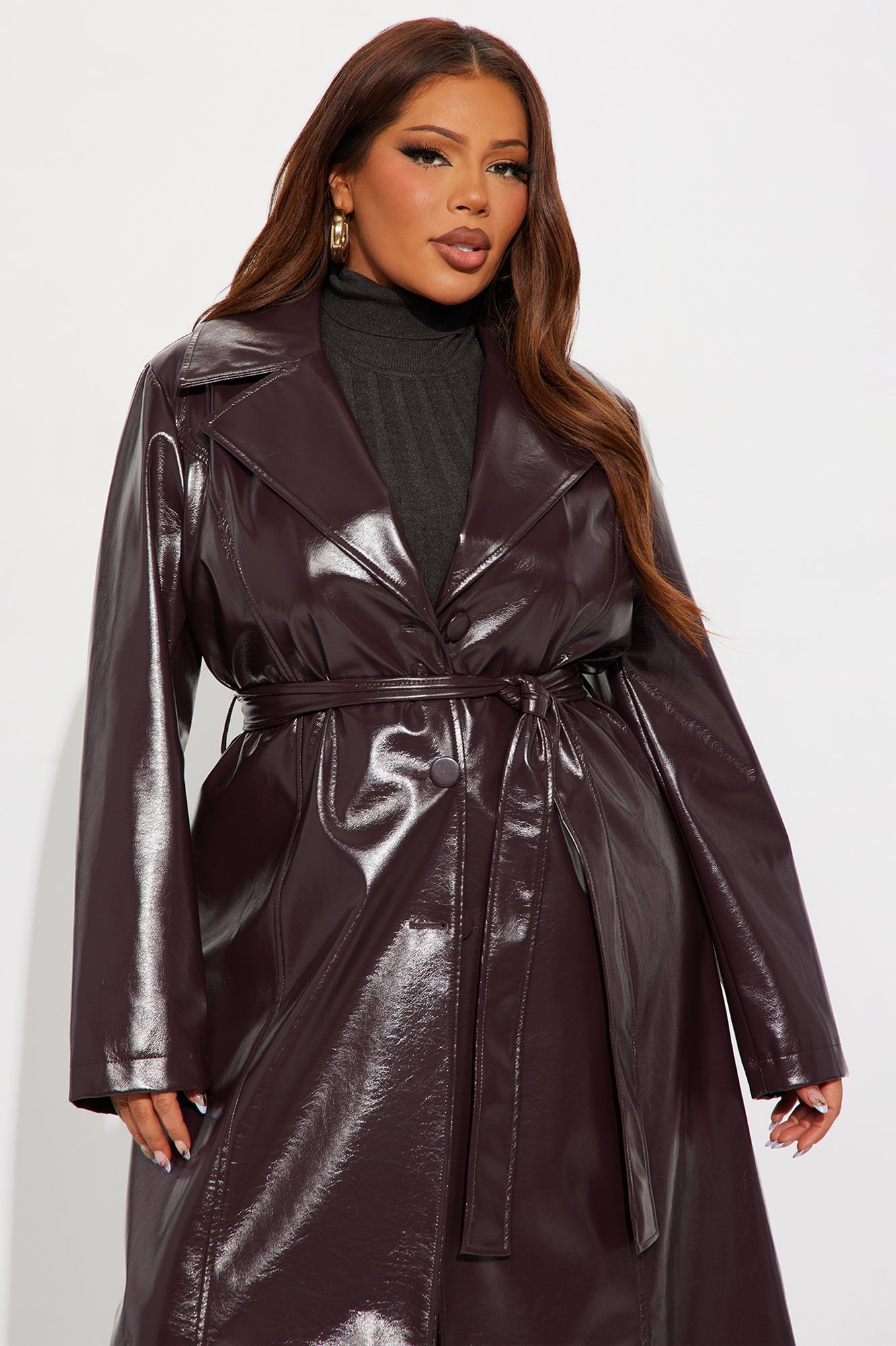 Kelis Faux Leather Trench Coat - Burgundy