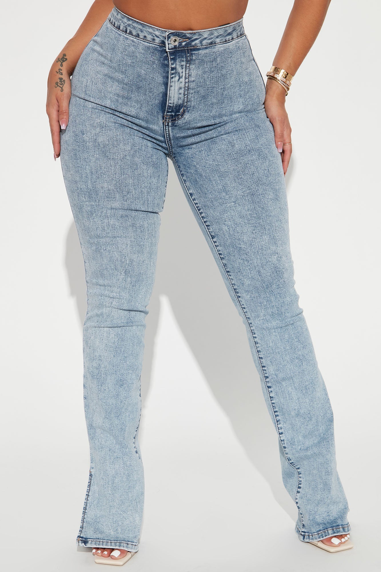 Side Slit Stretch Slim Bootcut Jeans - Acid Wash Denim