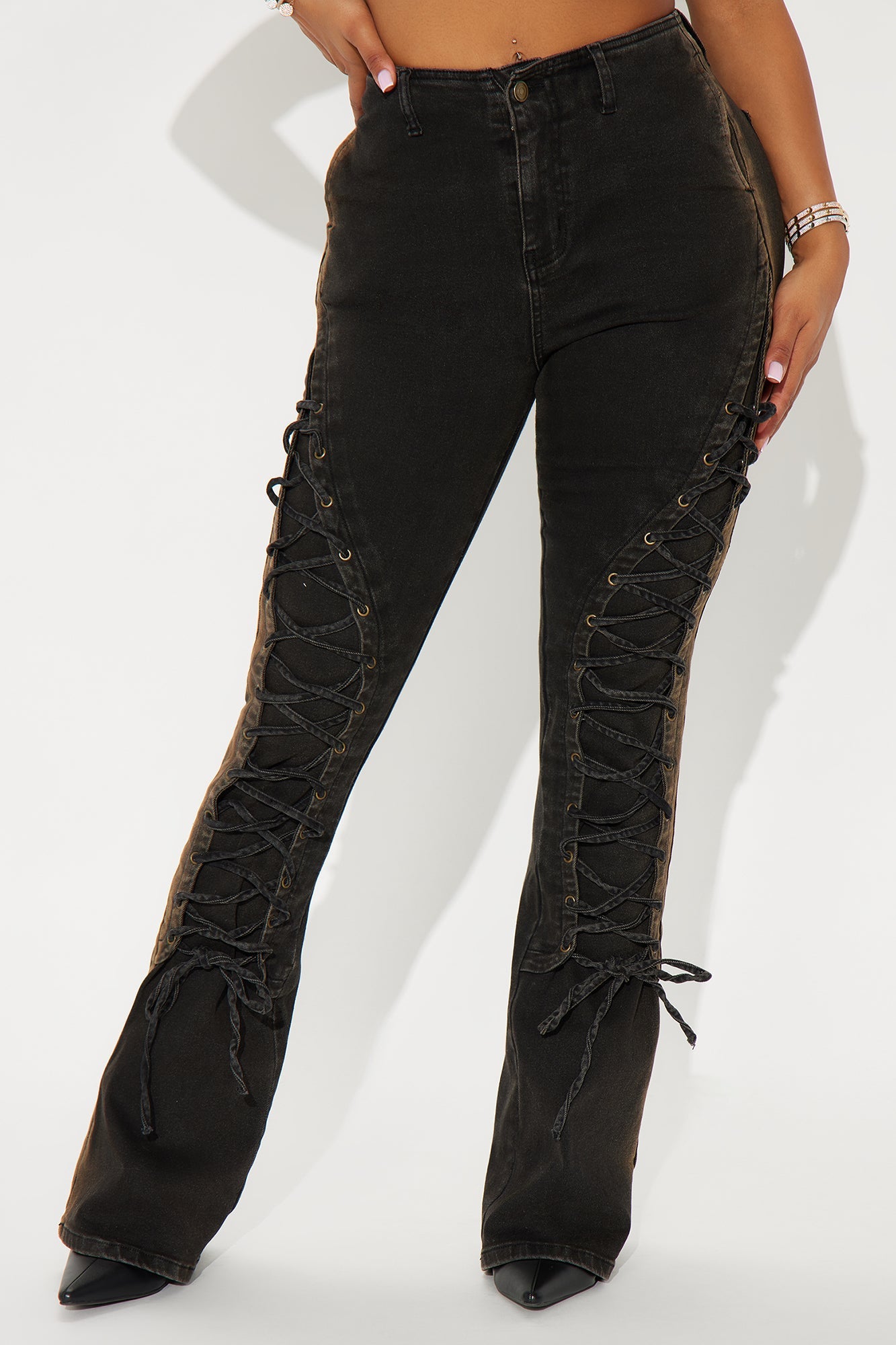 Can't Be Tamed Lace Up Bootcut Jeans - Black/combo