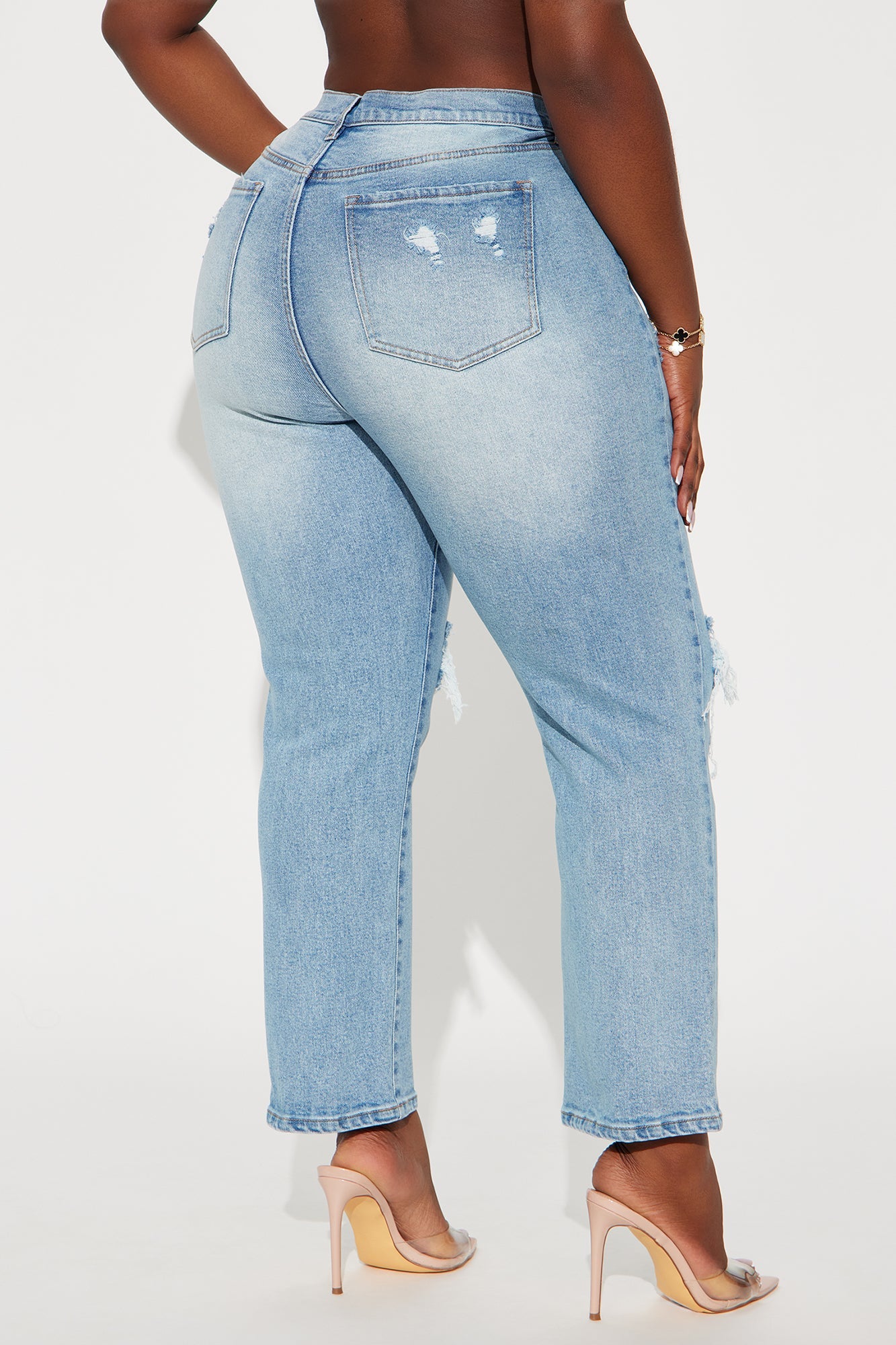 Petite As You Please Ripped Straight Leg Jeans - Light Blue Wash