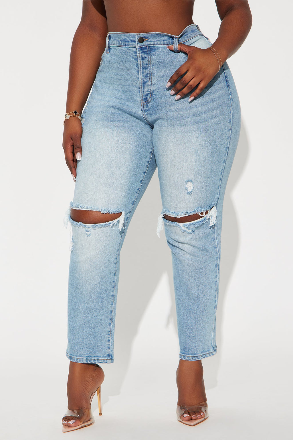 Petite As You Please Ripped Straight Leg Jeans - Light Blue Wash