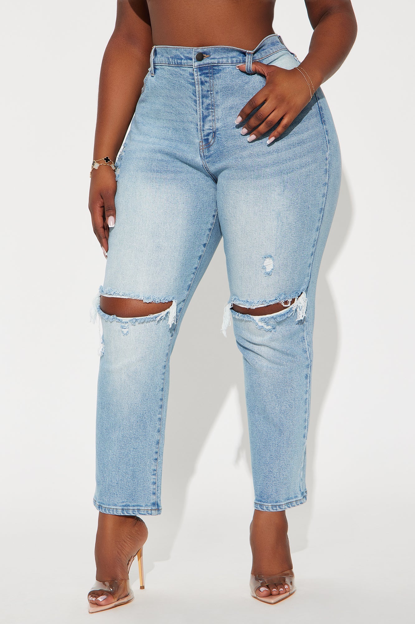Petite As You Please Ripped Straight Leg Jeans - Light Blue Wash