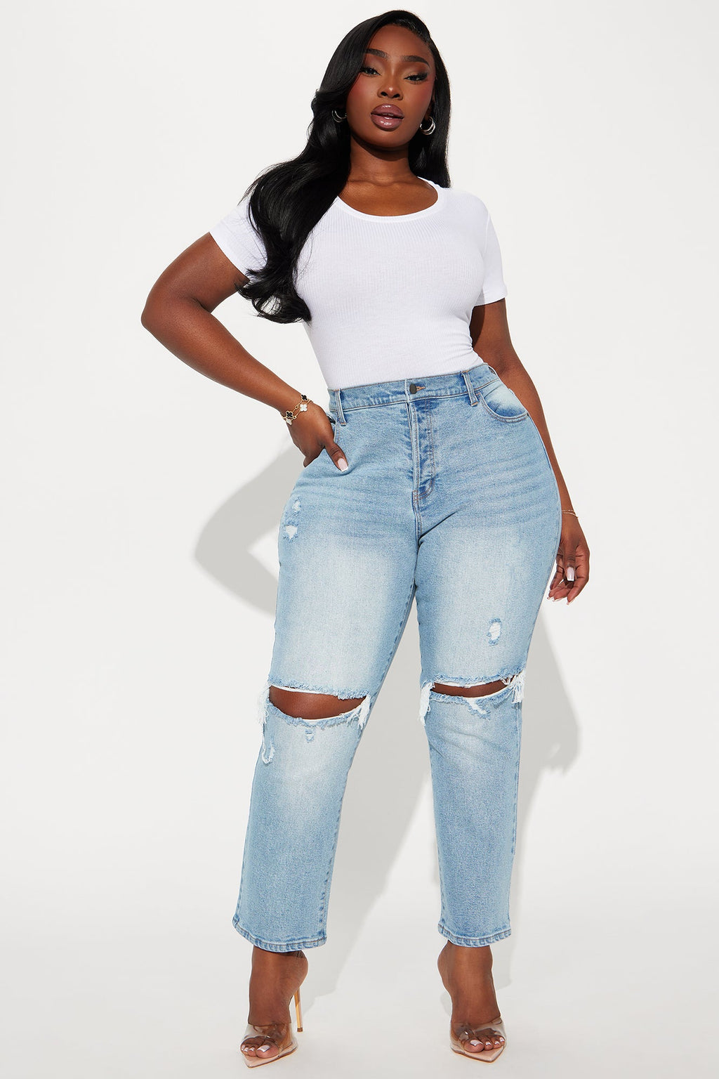 Petite As You Please Ripped Straight Leg Jeans - Light Blue Wash