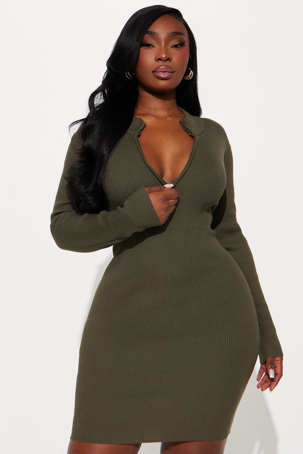 Kyana Zip Sweater Mini Dress - Olive