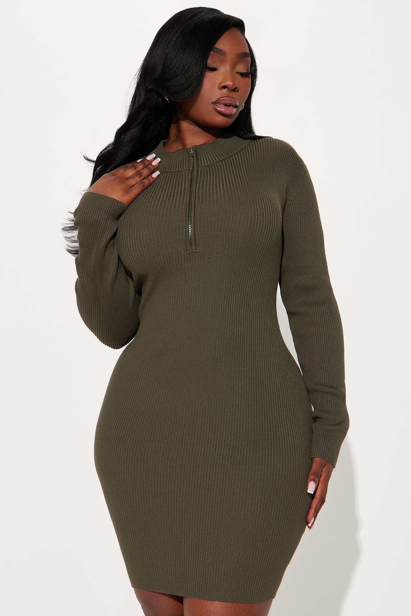 Kyana Zip Sweater Mini Dress - Olive