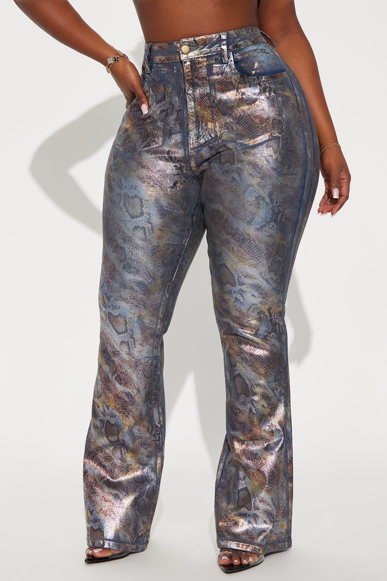 Sneaky Games Animal Print Foil Flare Jeans - Dark Wash
