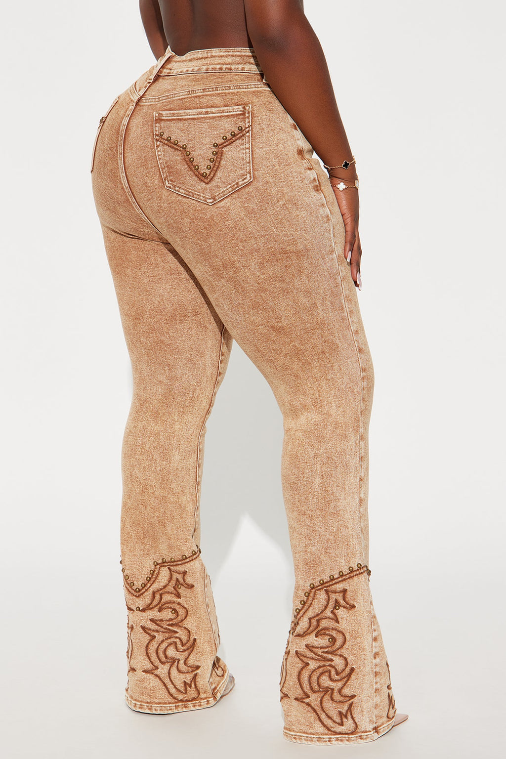 Letting It Ride Stretch Embellished Flare Jeans - Brown