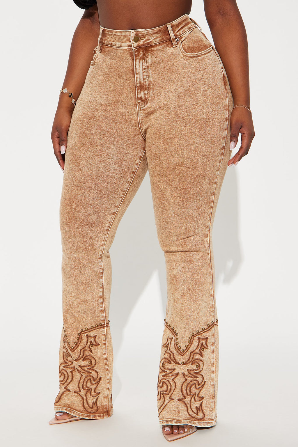 Letting It Ride Stretch Embellished Flare Jeans - Brown