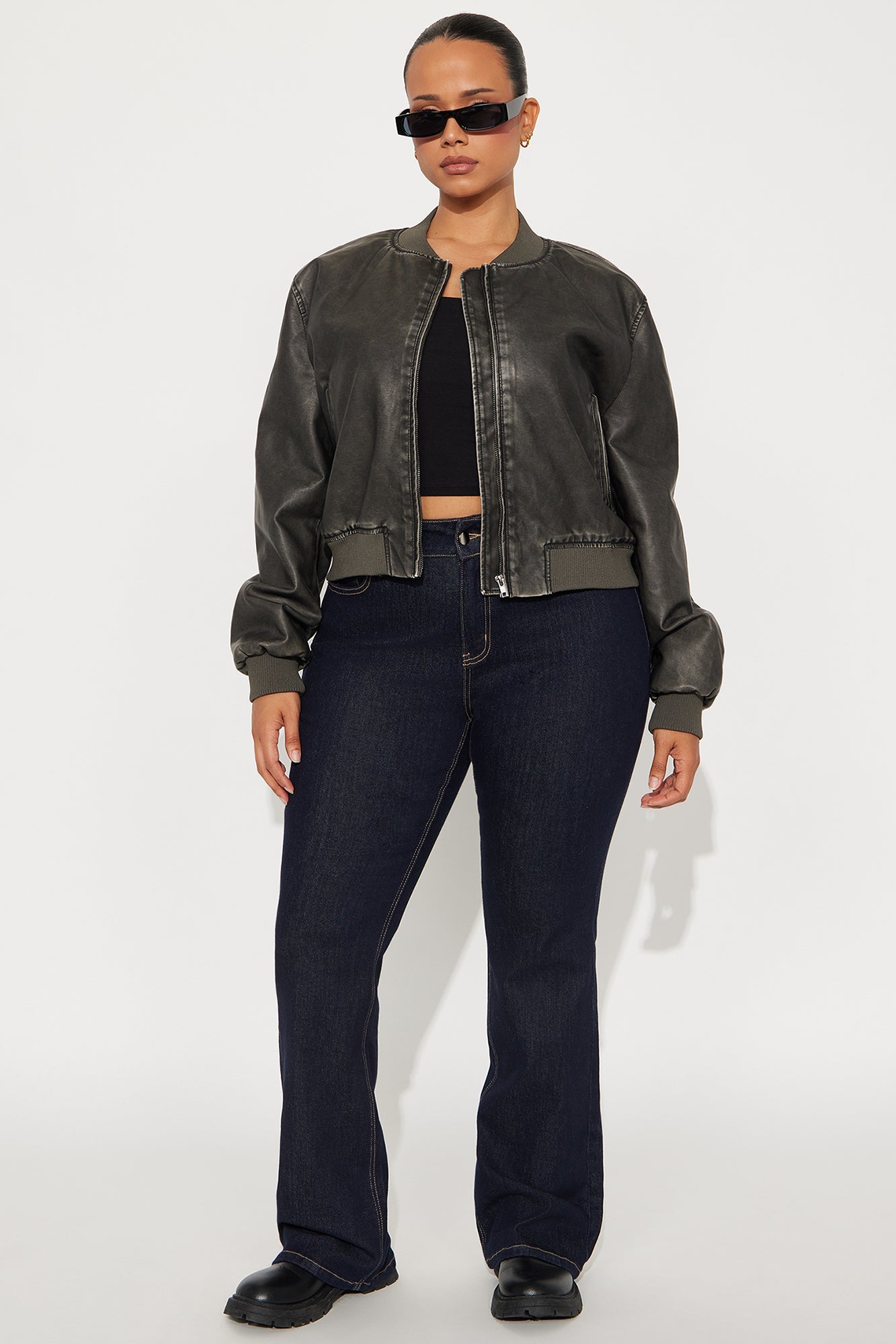 Zoe Washed Faux Leather Bomber Jacket - Grey