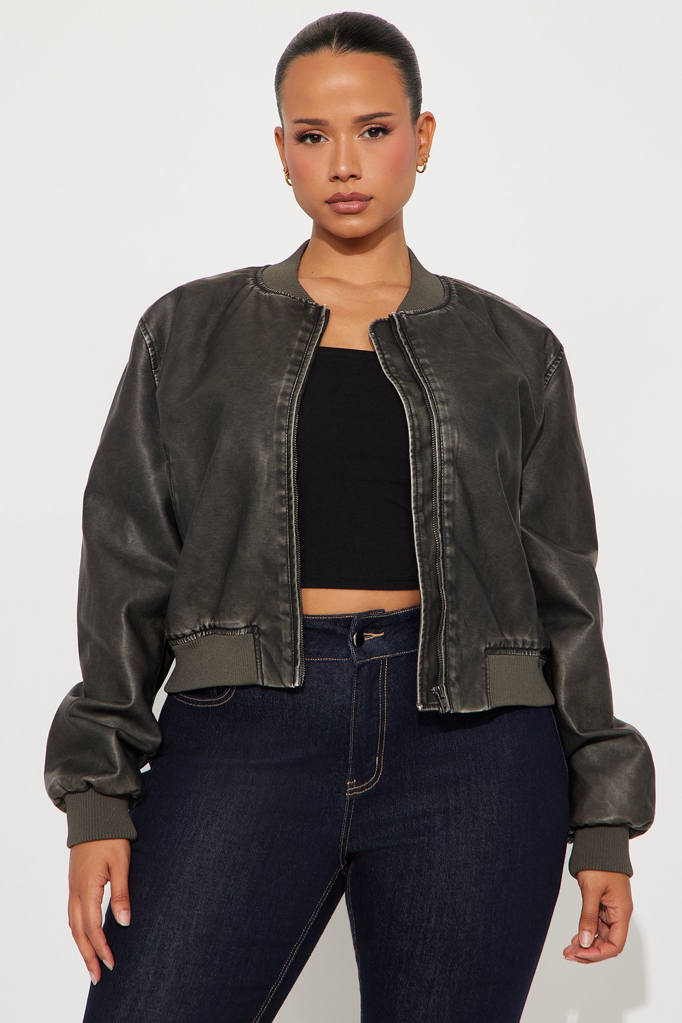 Zoe Washed Faux Leather Bomber Jacket - Grey