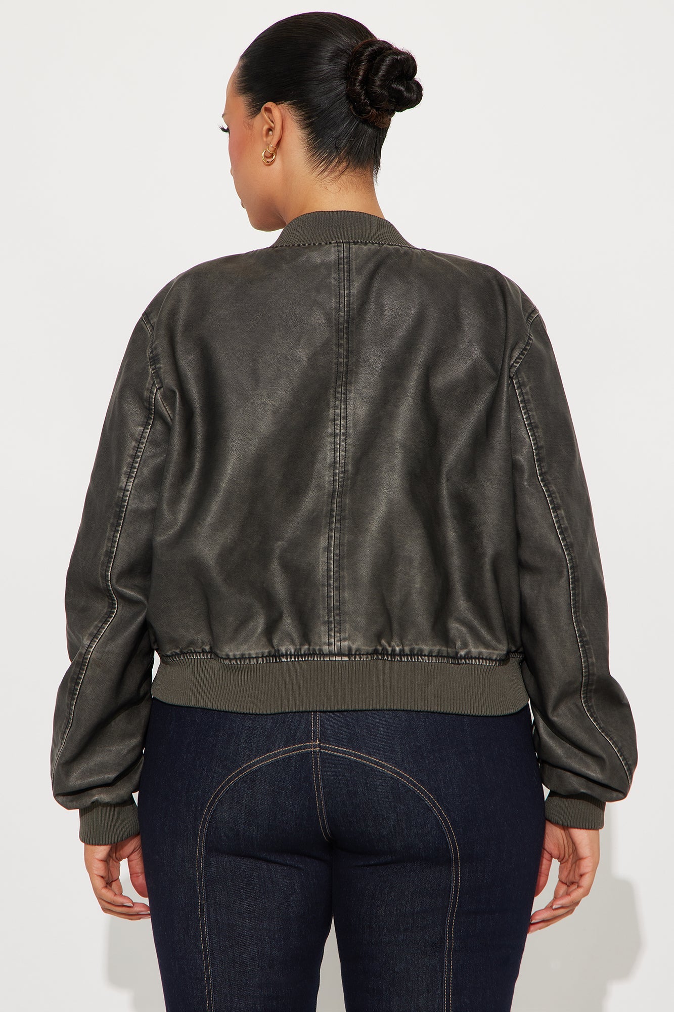Zoe Washed Faux Leather Bomber Jacket - Grey