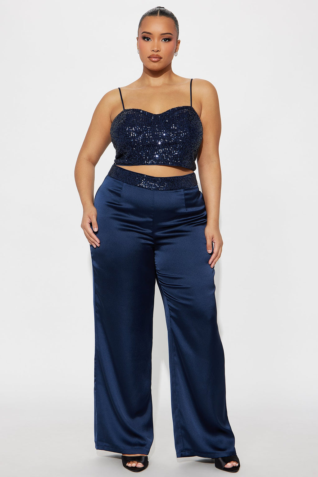 Full Of Sparkle Satin Pant Set - Navy
