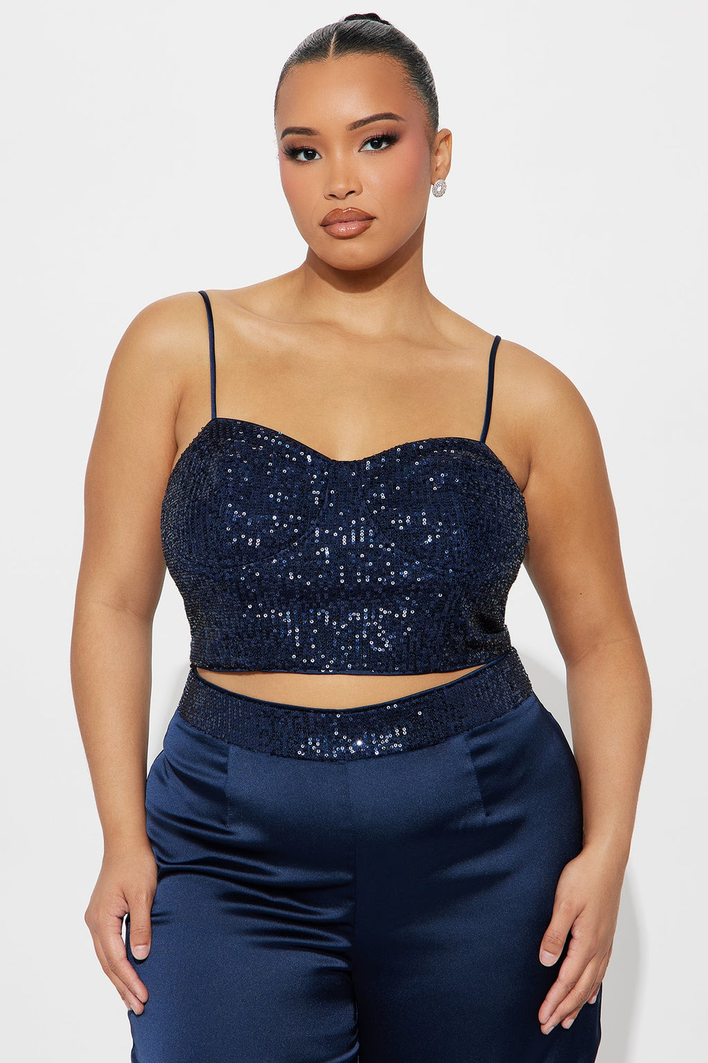 Full Of Sparkle Satin Pant Set - Navy