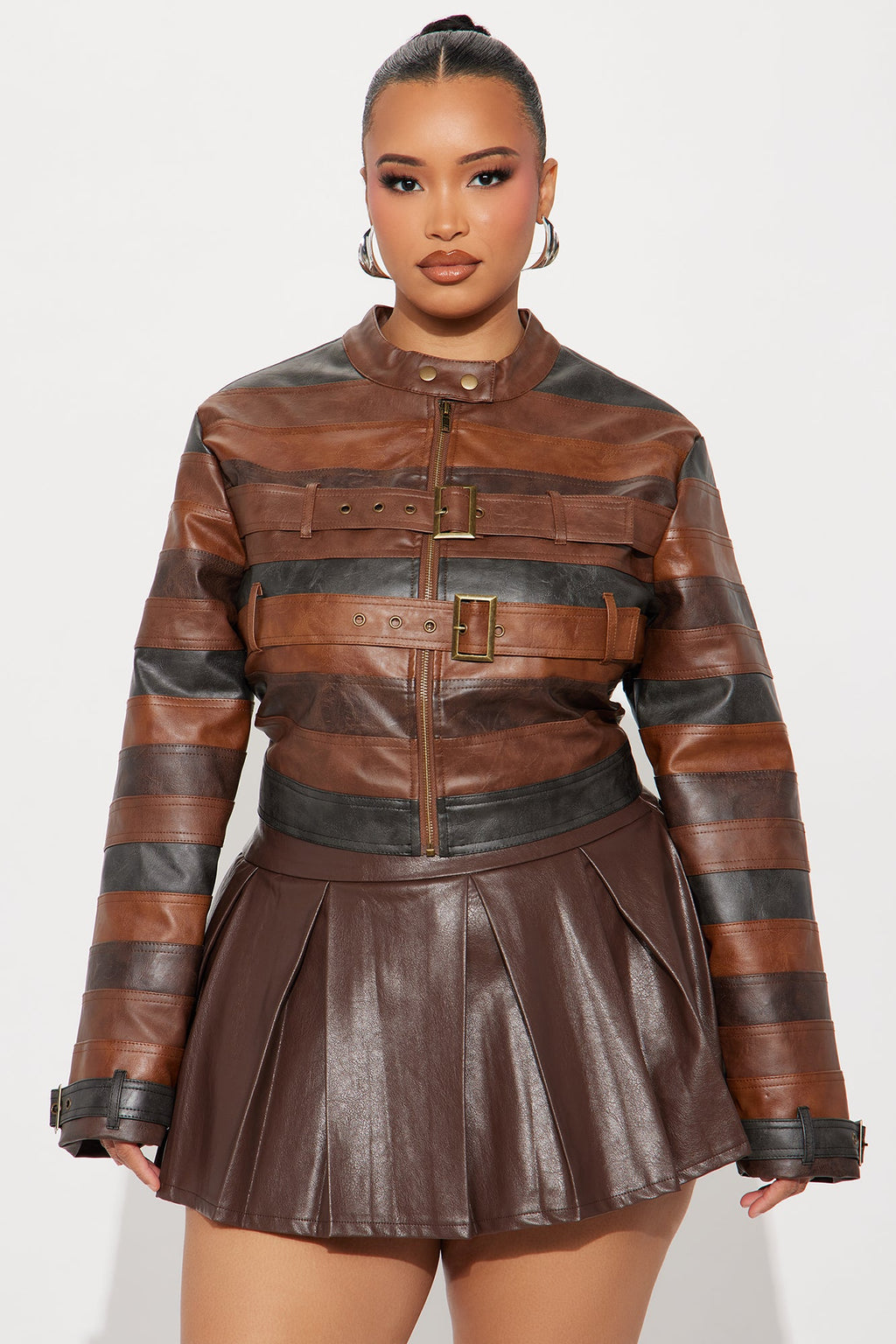 Kira Washed Faux Leather Jacket - Brown/combo