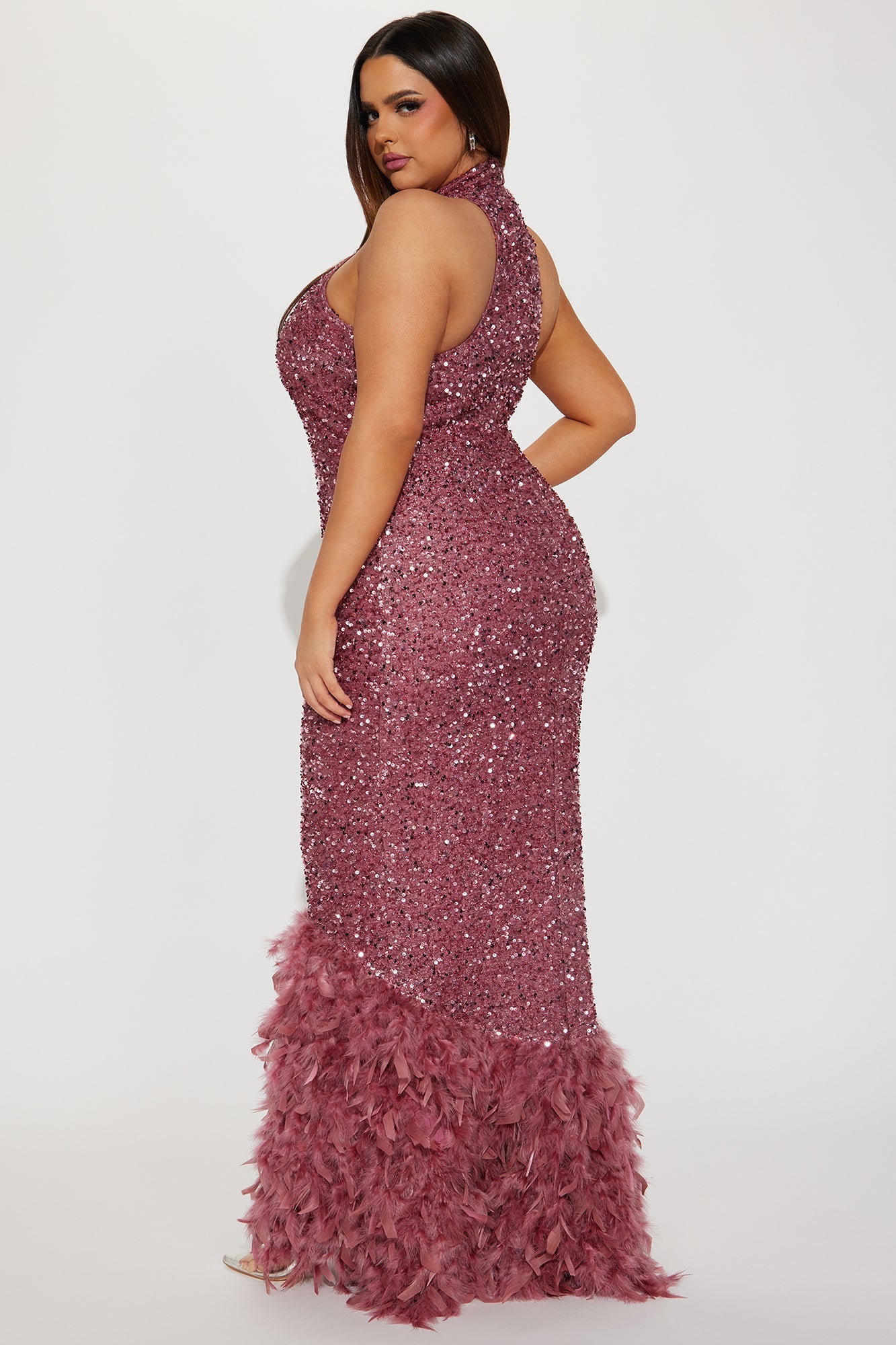 Zoey Feathered Sequin Gown - Mauve