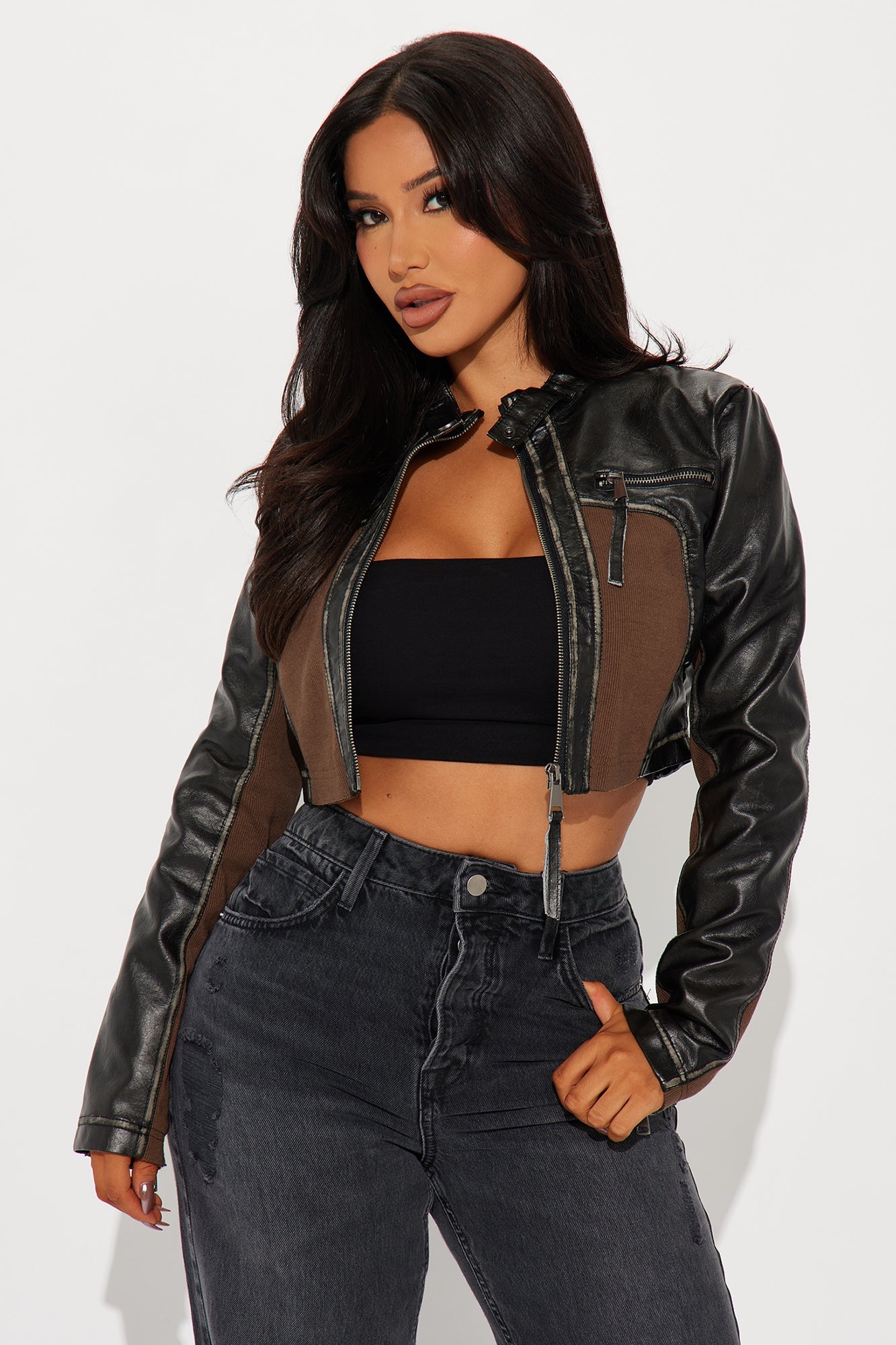 Piper Washed Faux Leather Moto Jacket - Black/combo