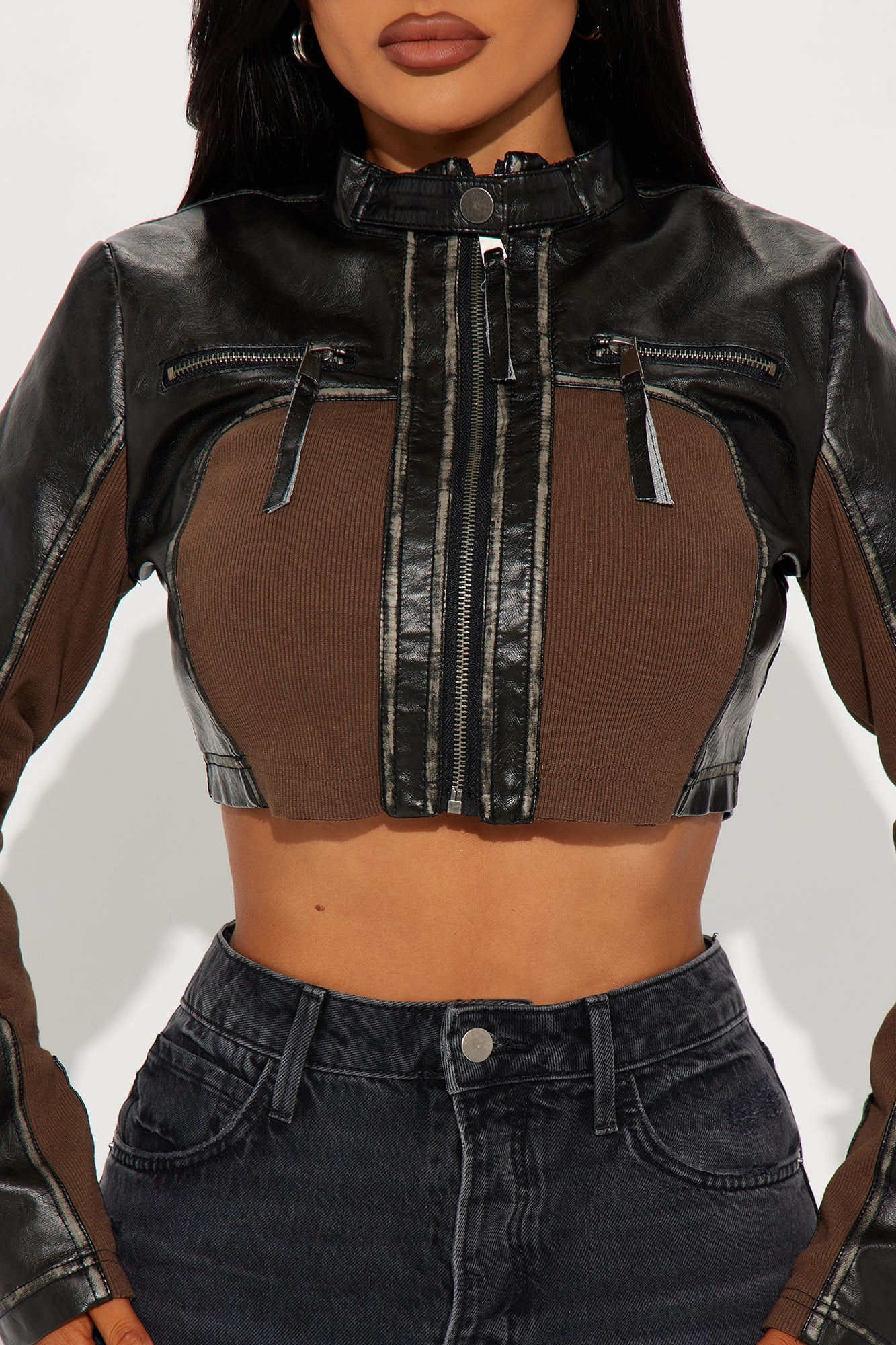 Piper Washed Faux Leather Moto Jacket - Black/combo