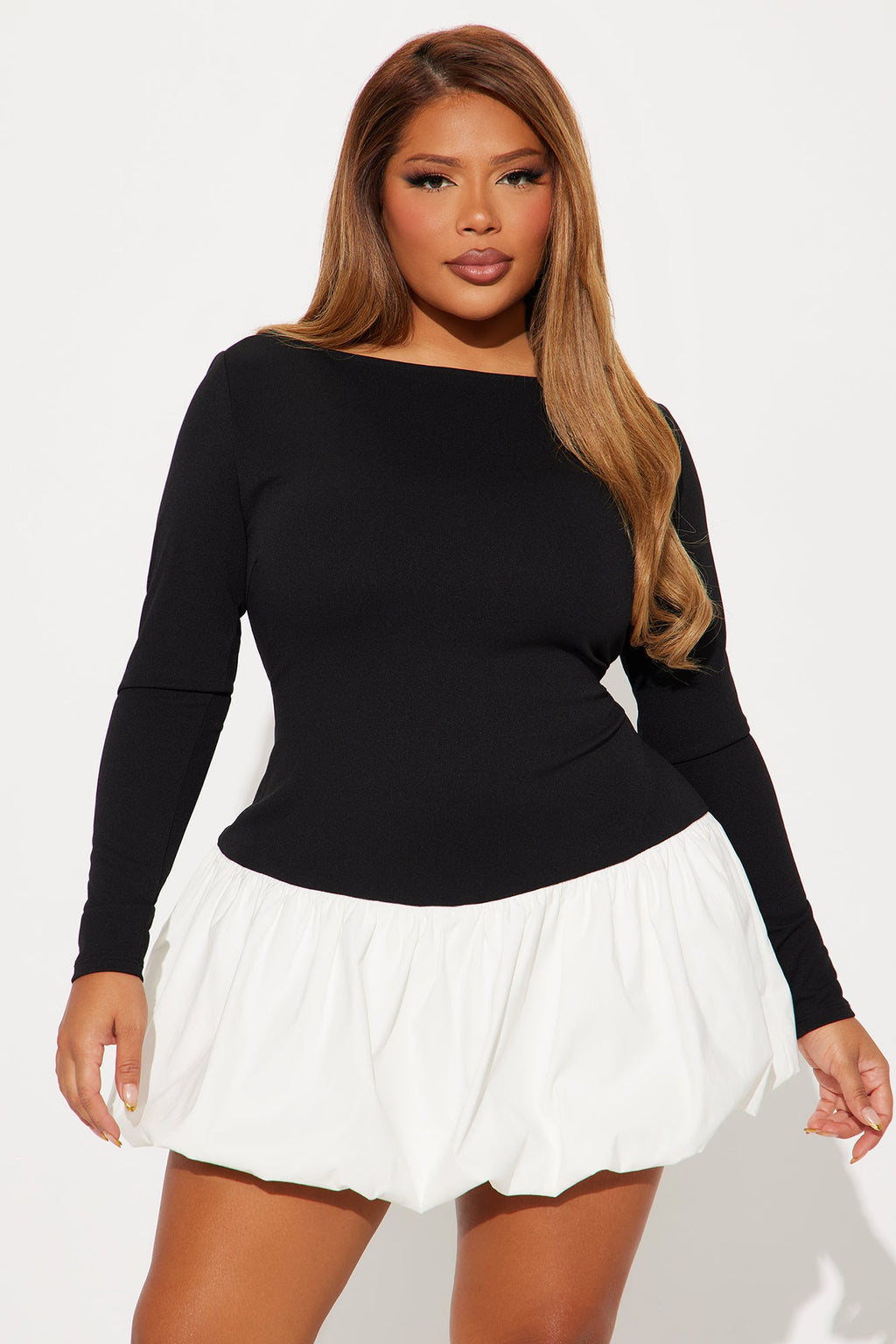 Ember Long Sleeve Boat Neck Bubble Mini Dress - Black/White