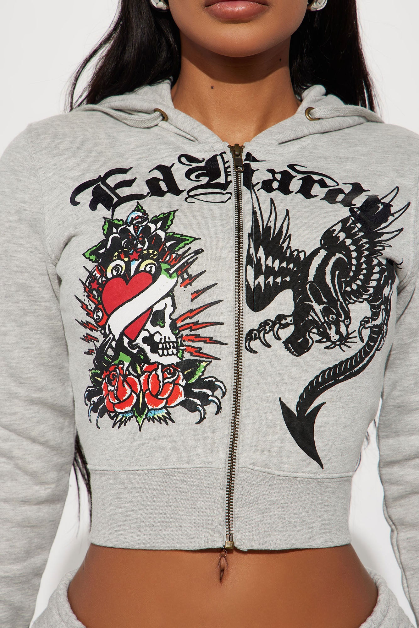 Heart Of Roses Ed Hardy Zip Front Hoodie - Heather Grey