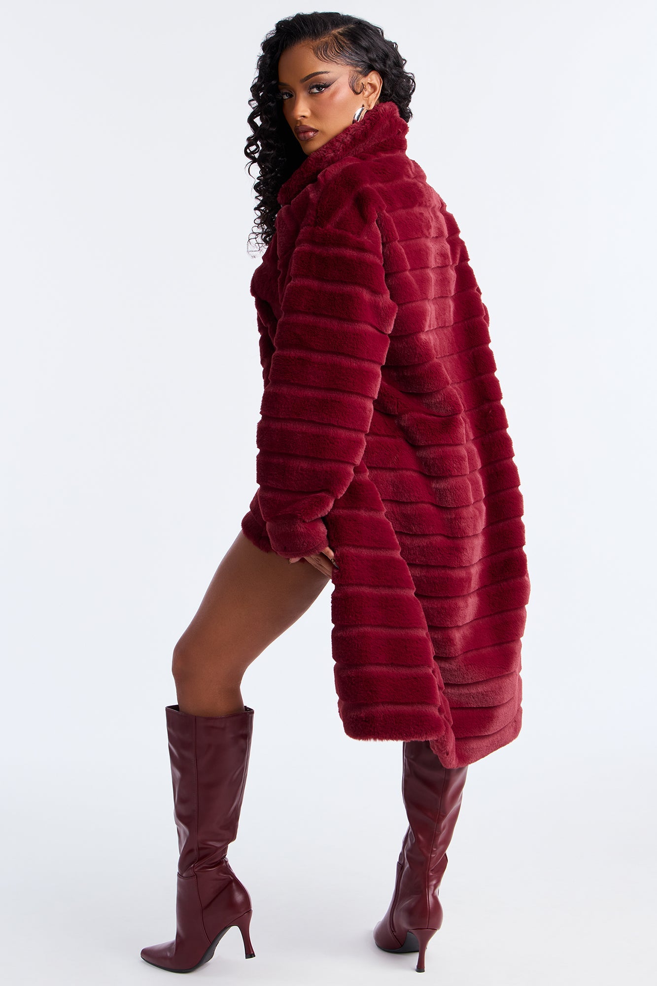 Paloma Faux Fur Trench Coat - Burgundy