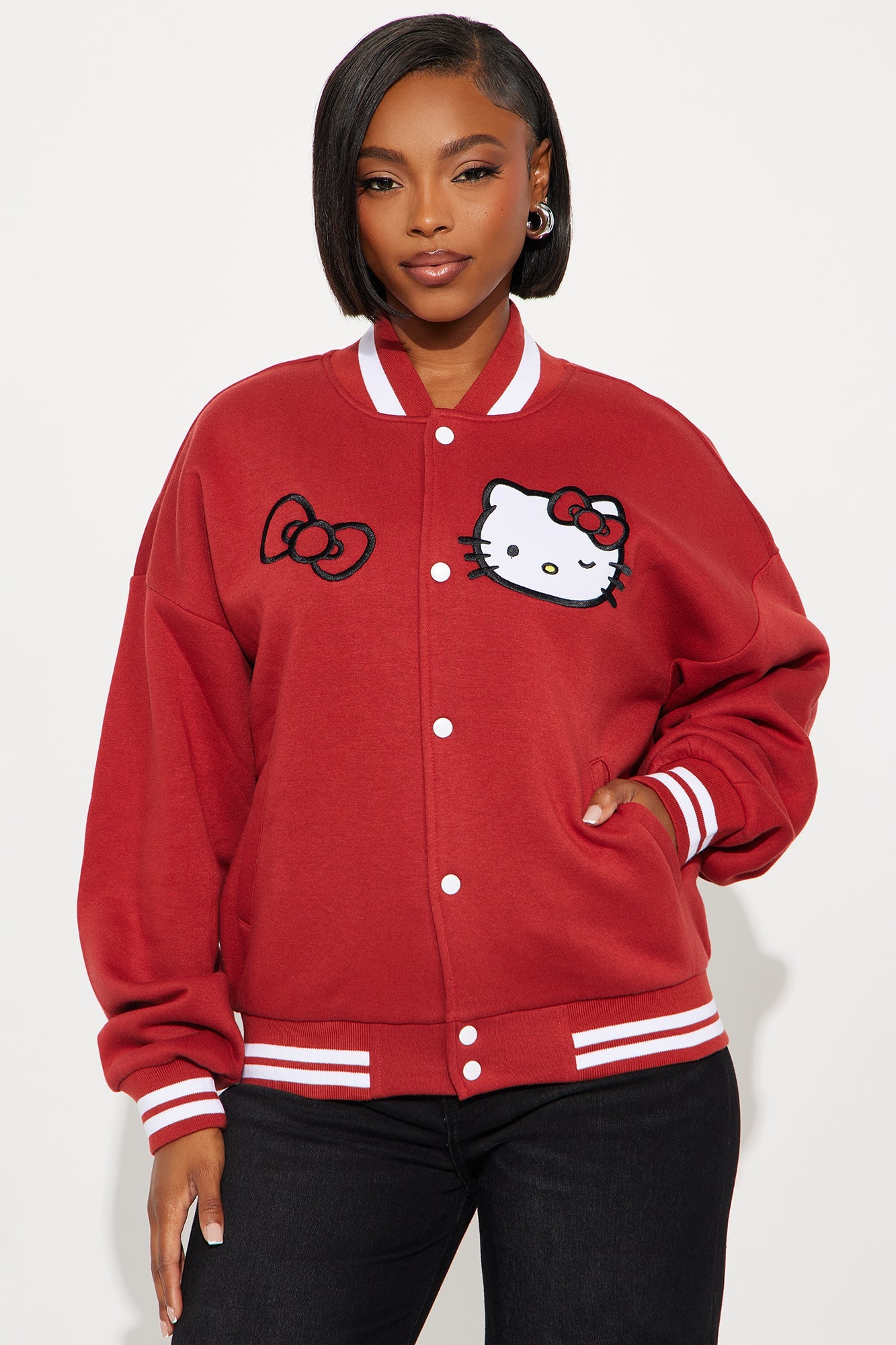 Hello Kitty Fleece Bomber Jacket - DarkRed