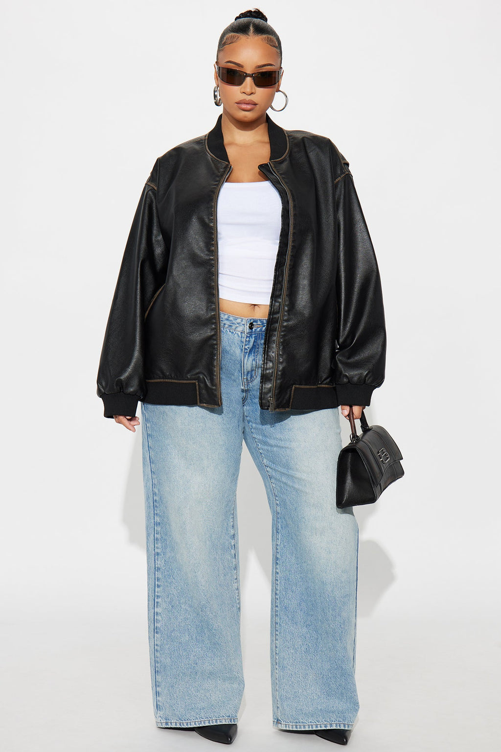 Adriana Faux Leather Bomber Jacket - Black