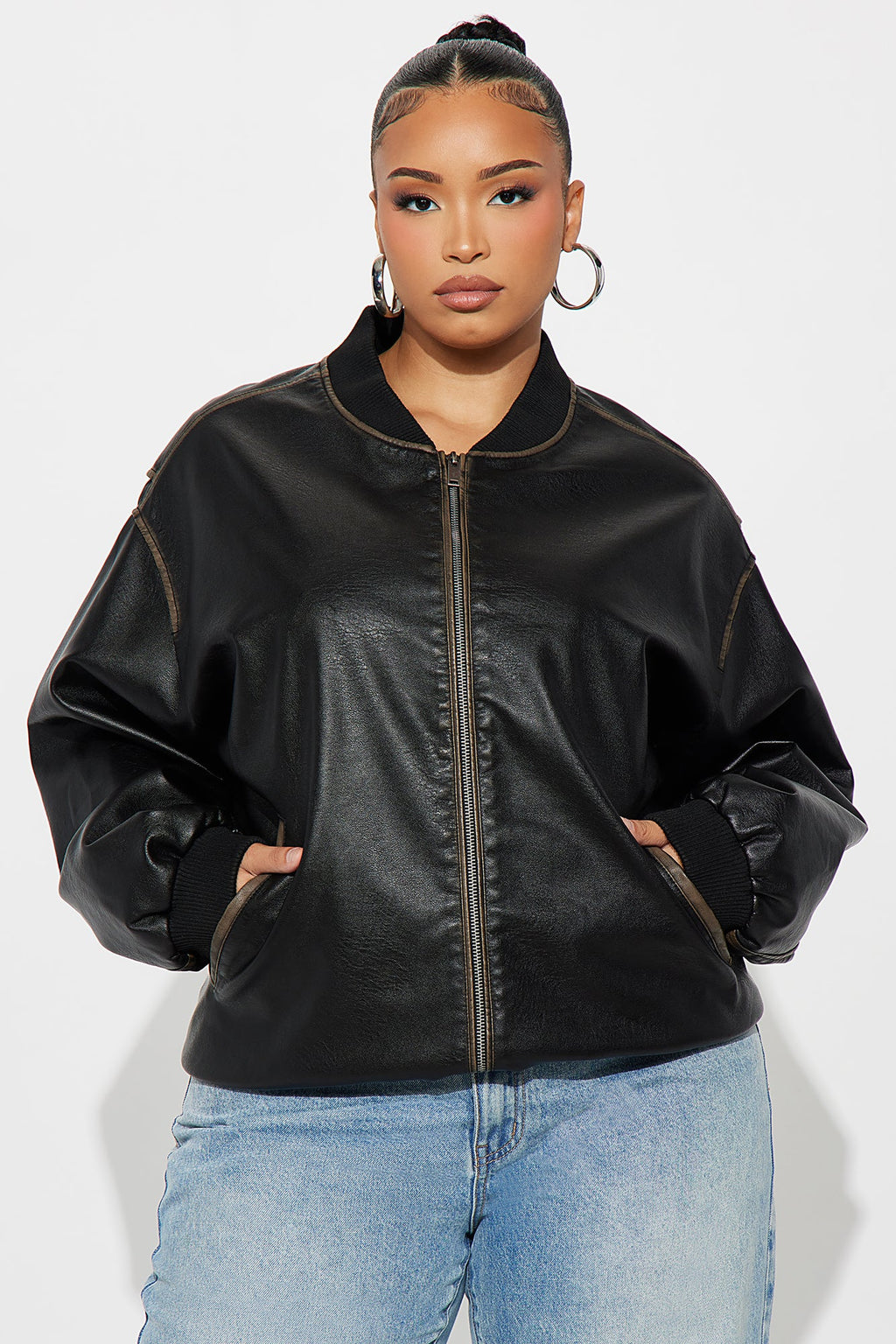 Adriana Faux Leather Bomber Jacket - Black