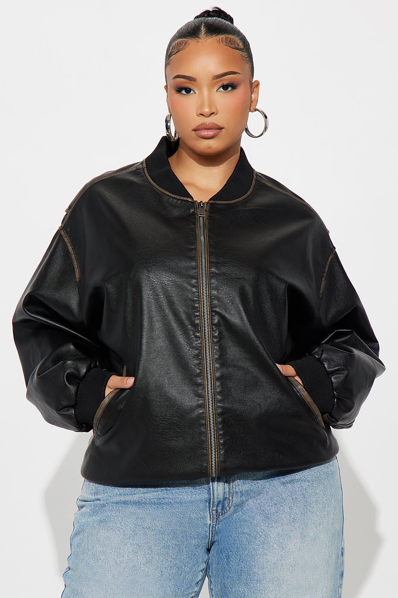 Adriana Faux Leather Bomber Jacket - Black