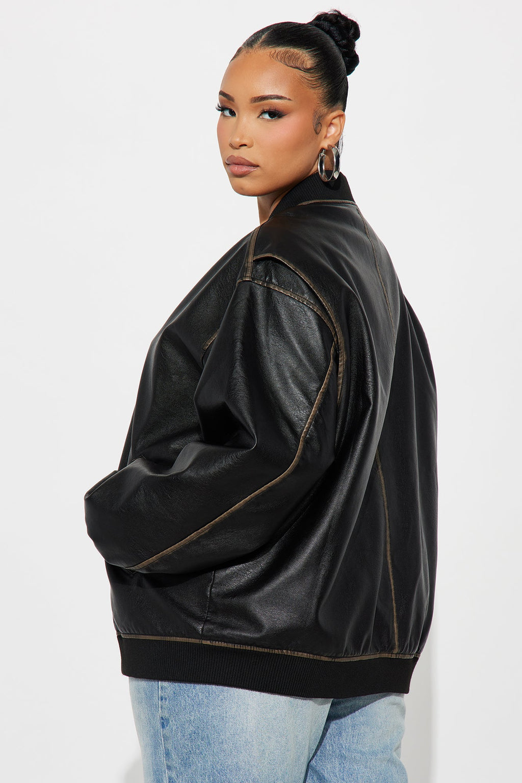 Adriana Faux Leather Bomber Jacket - Black