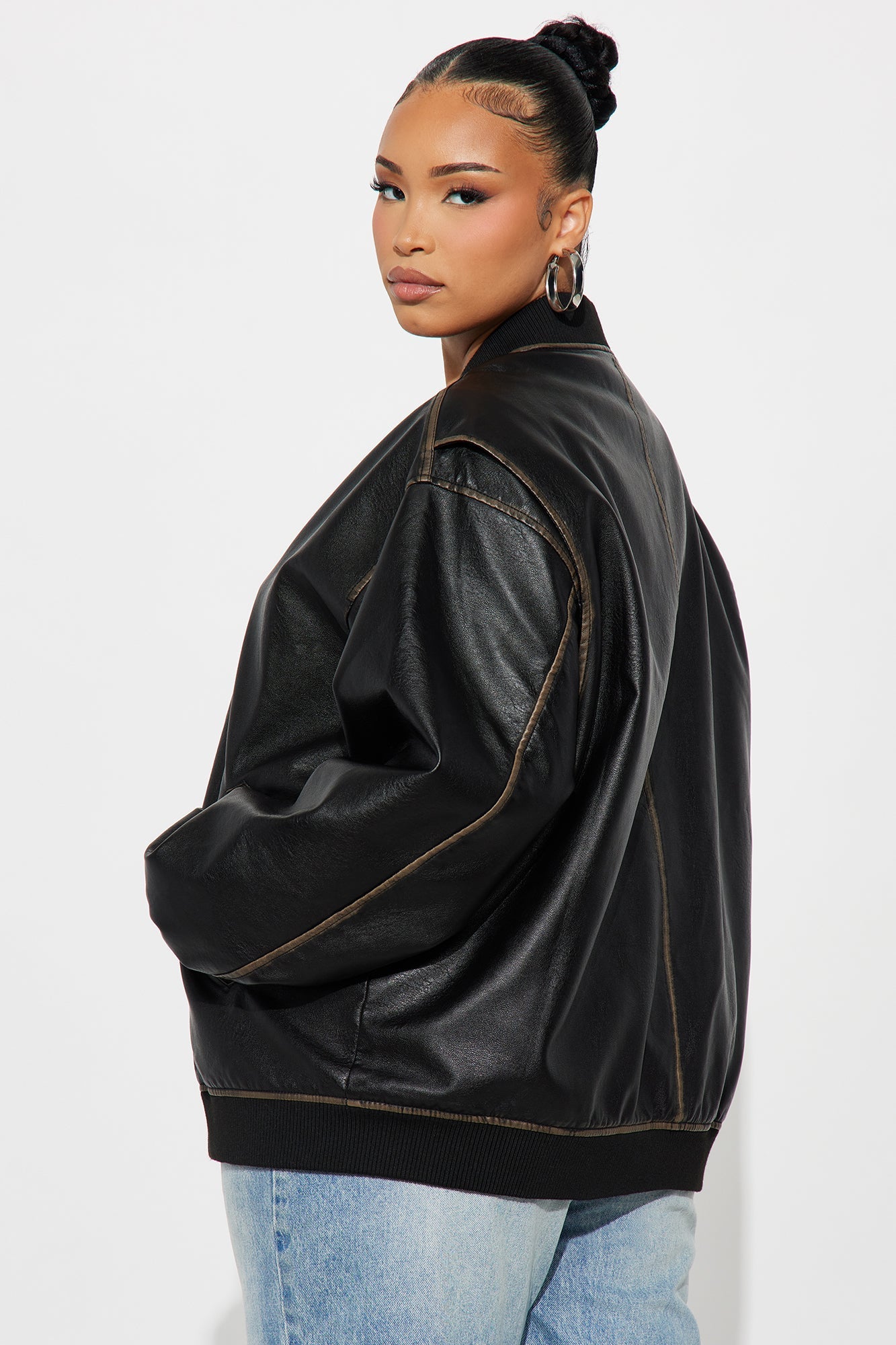 Adriana Faux Leather Bomber Jacket - Black